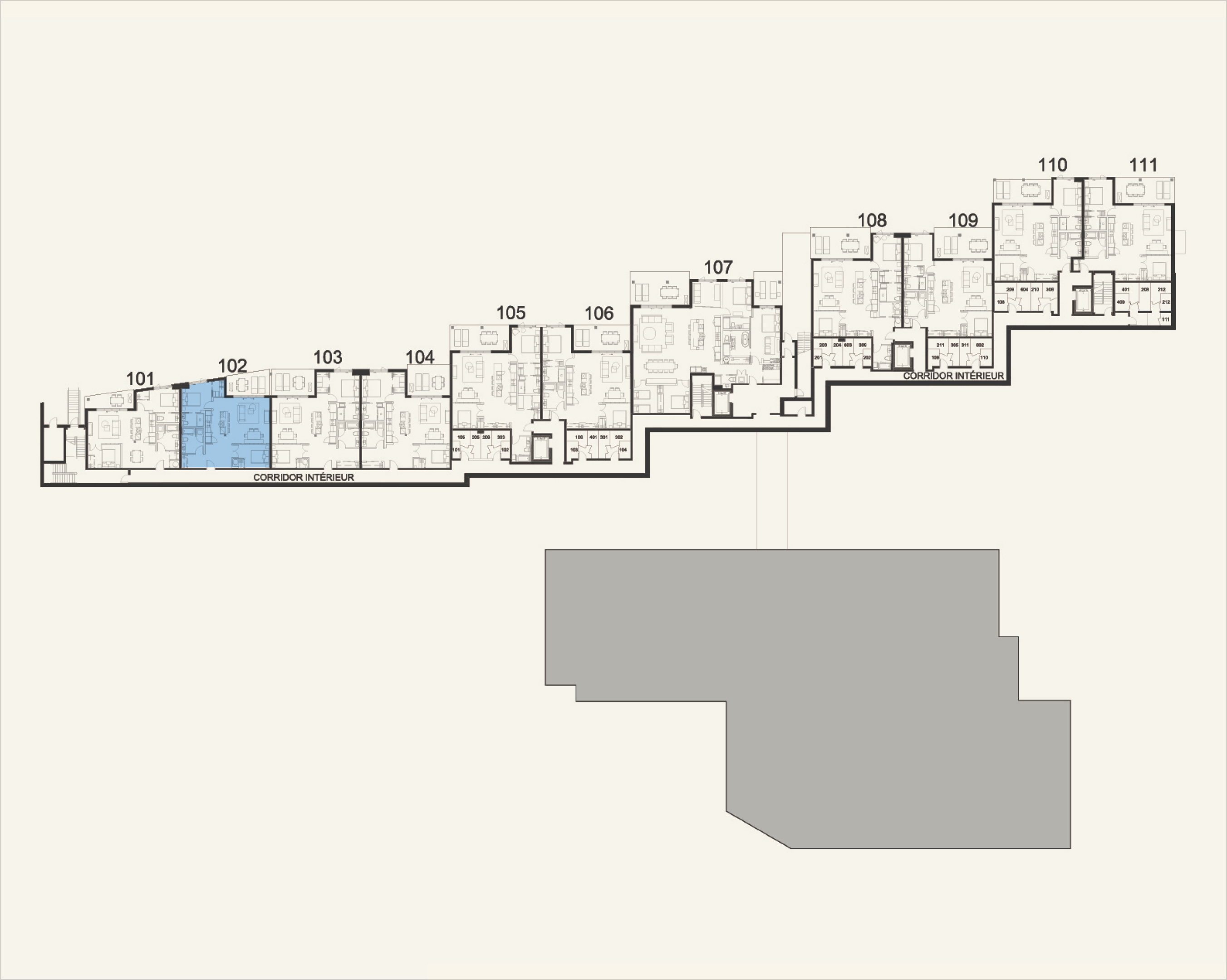 Building floor plan highlighting residence 102 at Rive Lac Tremblant