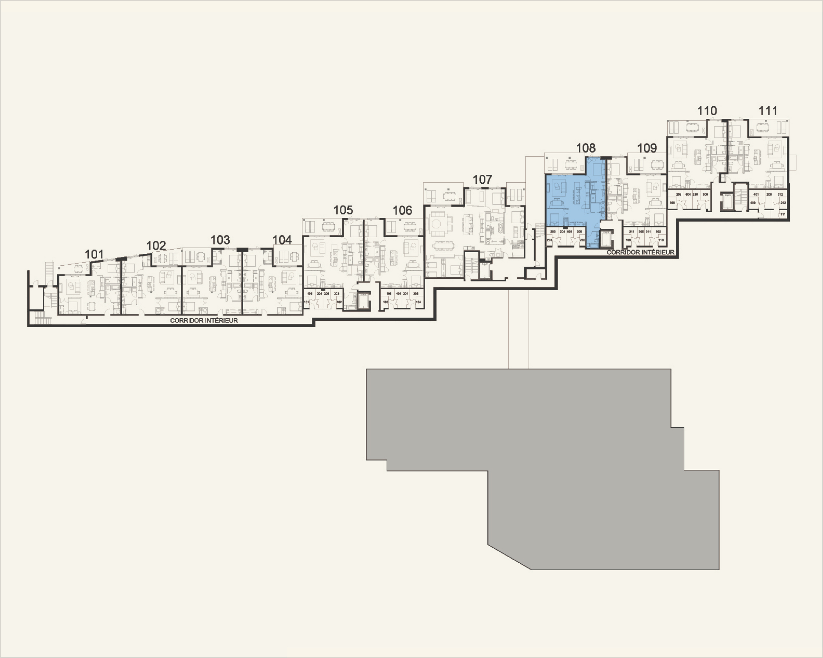 Building floor plan highlighting residence 108 at Rive Lac Tremblant
