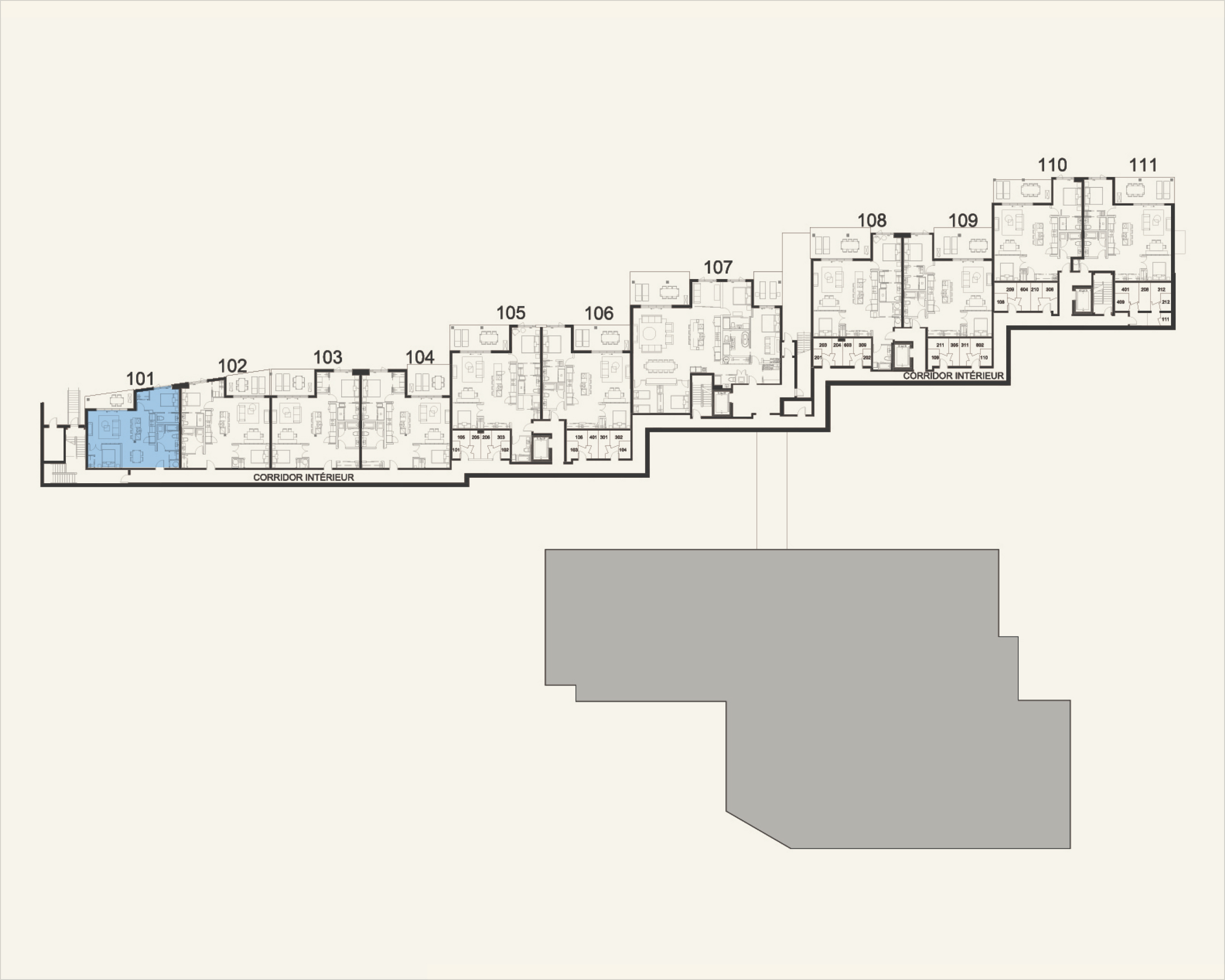 Building floor plan highlighting residence 101 at Rive Lac Tremblant