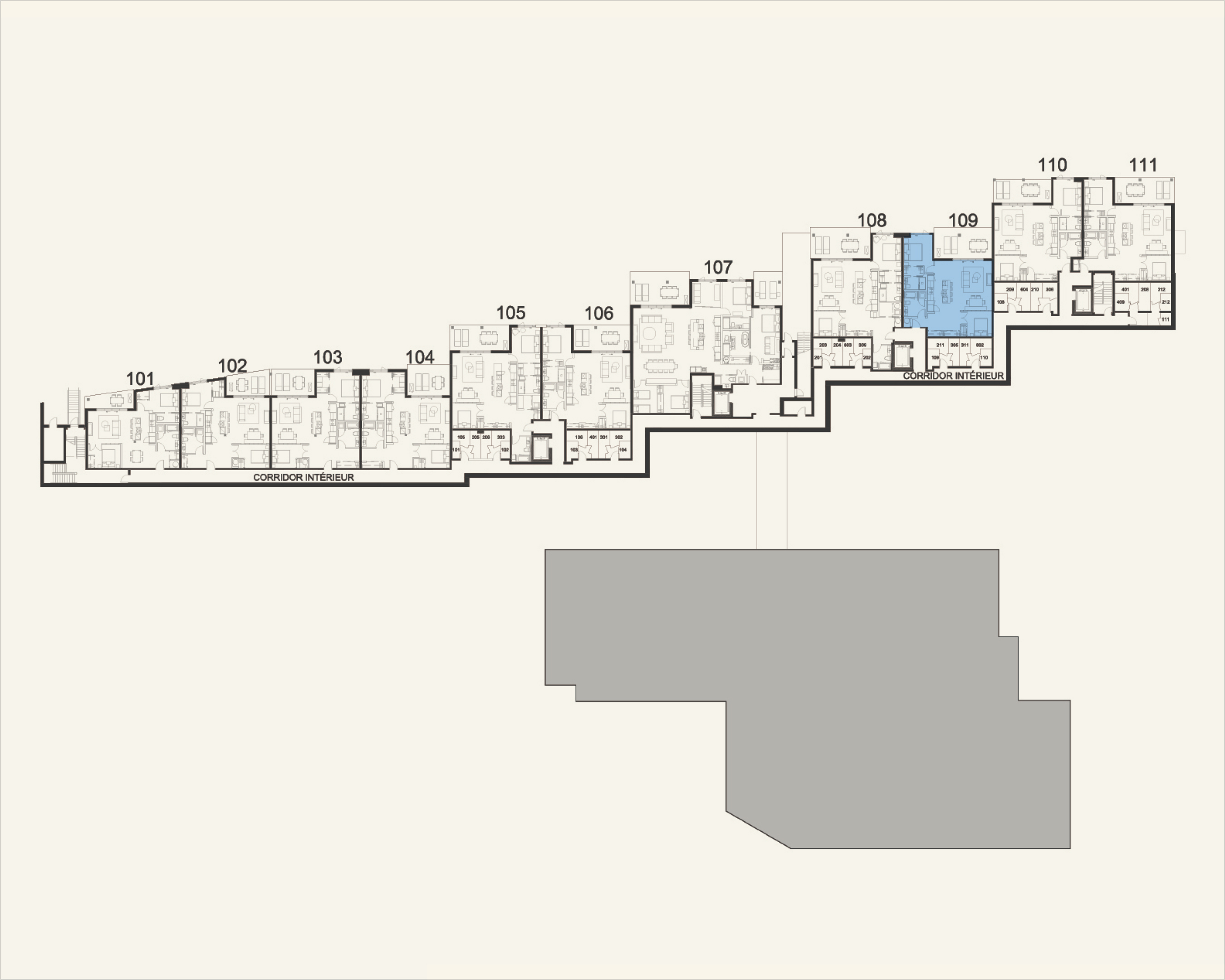 Building floor plan highlighting residence 109 at Rive Lac Tremblant