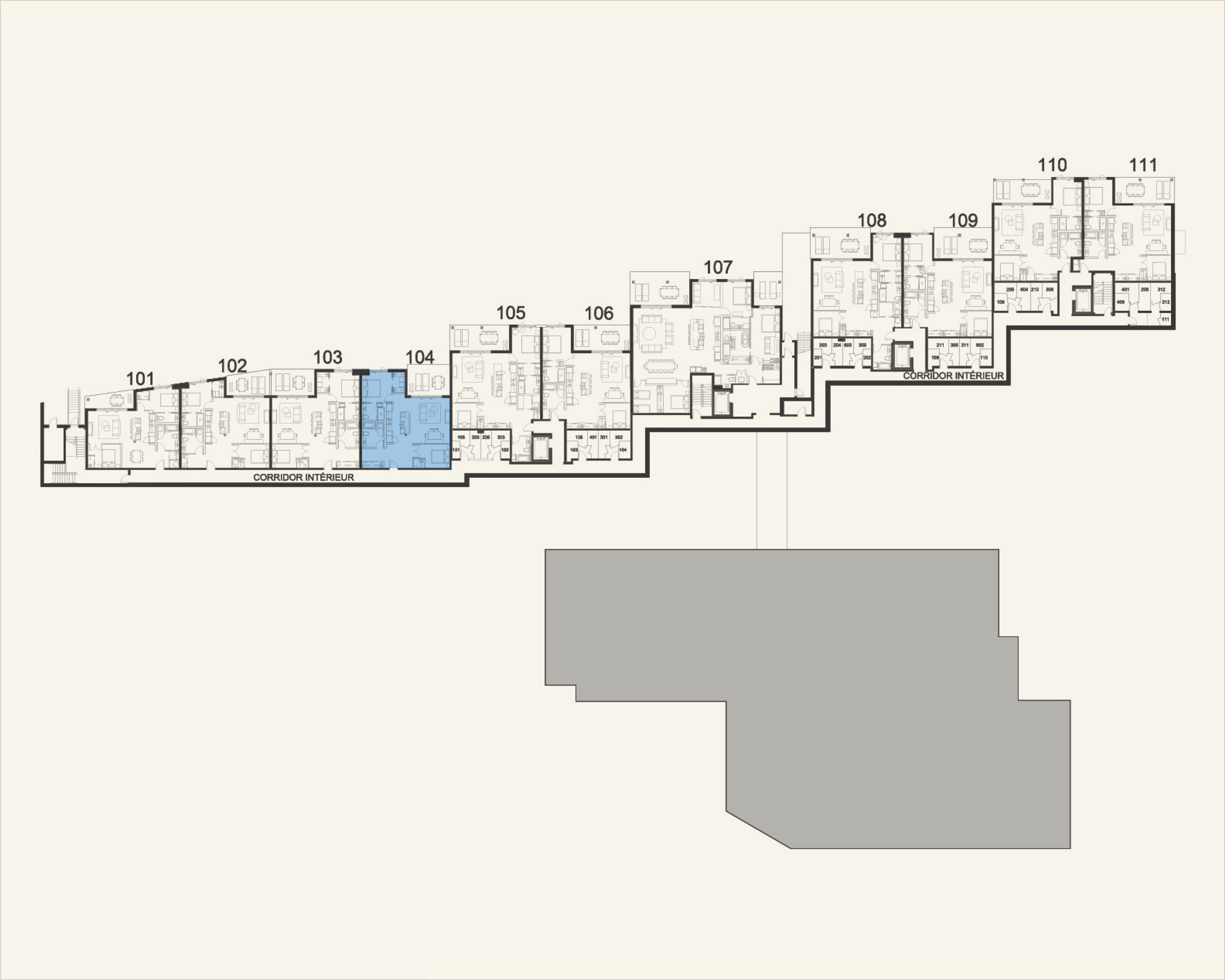 Building floor plan highlighting residence 104 at Rive Lac Tremblant