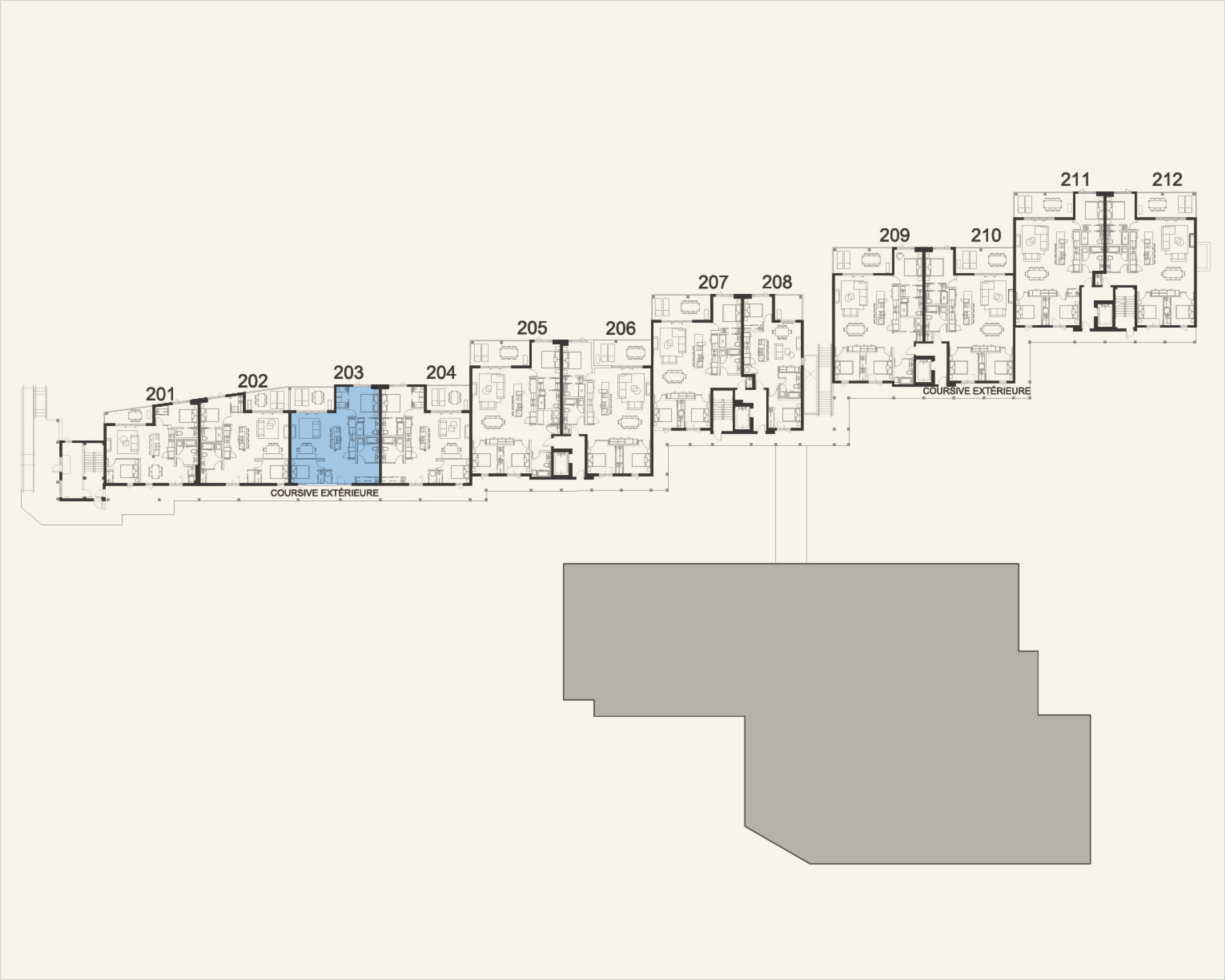 Building floor plan highlighting residence 203 at Rive Lac Tremblant
