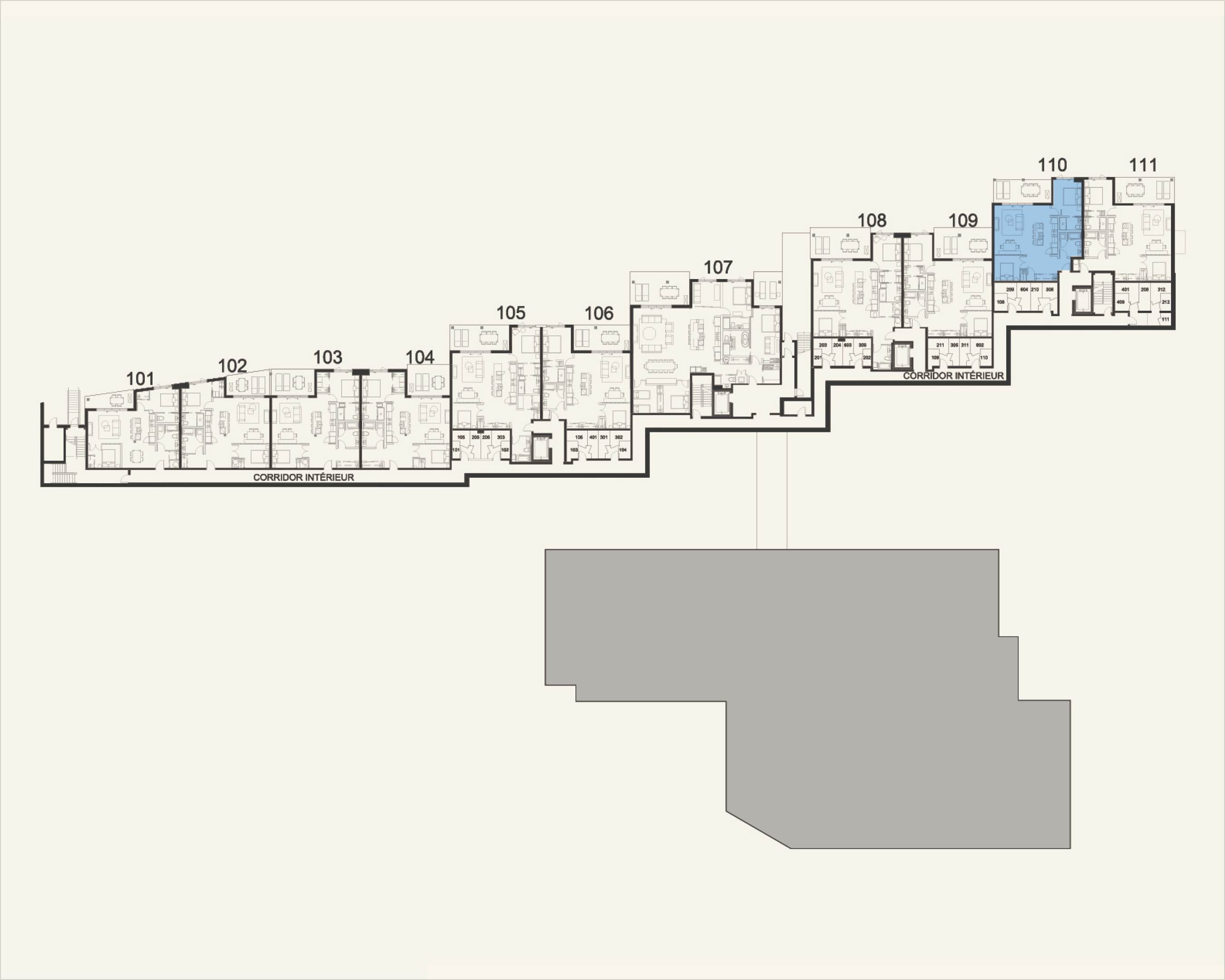 Building floor plan highlighting residence 110 at Rive Lac Tremblant