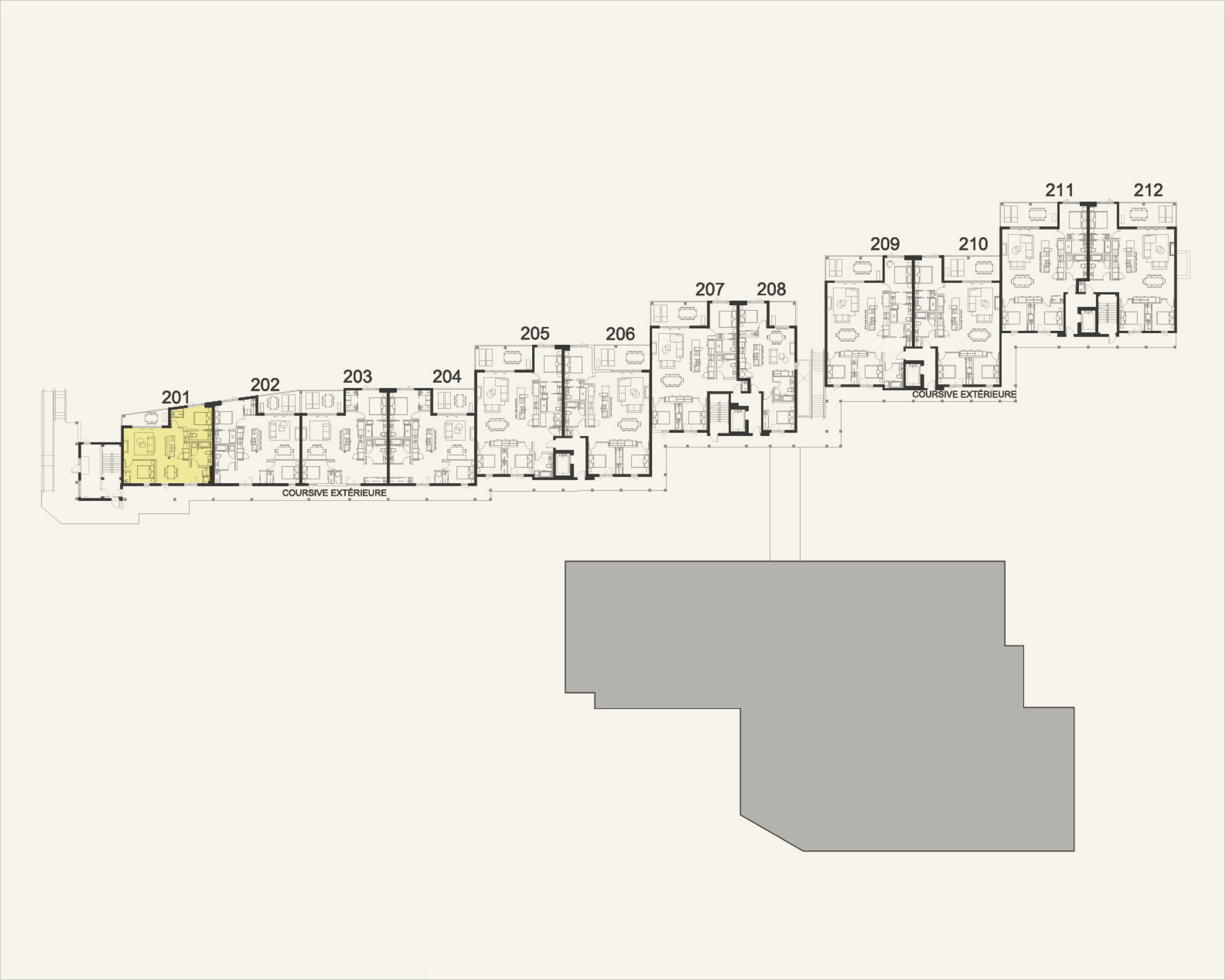 Building floor plan highlighting residence 201 at Rive Lac Tremblant