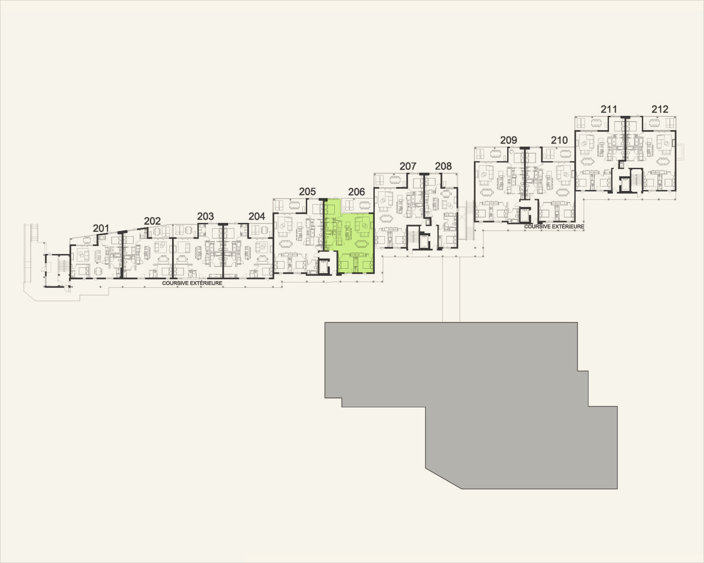 Building floor plan highlighting residence 206 at Rive Lac Tremblant