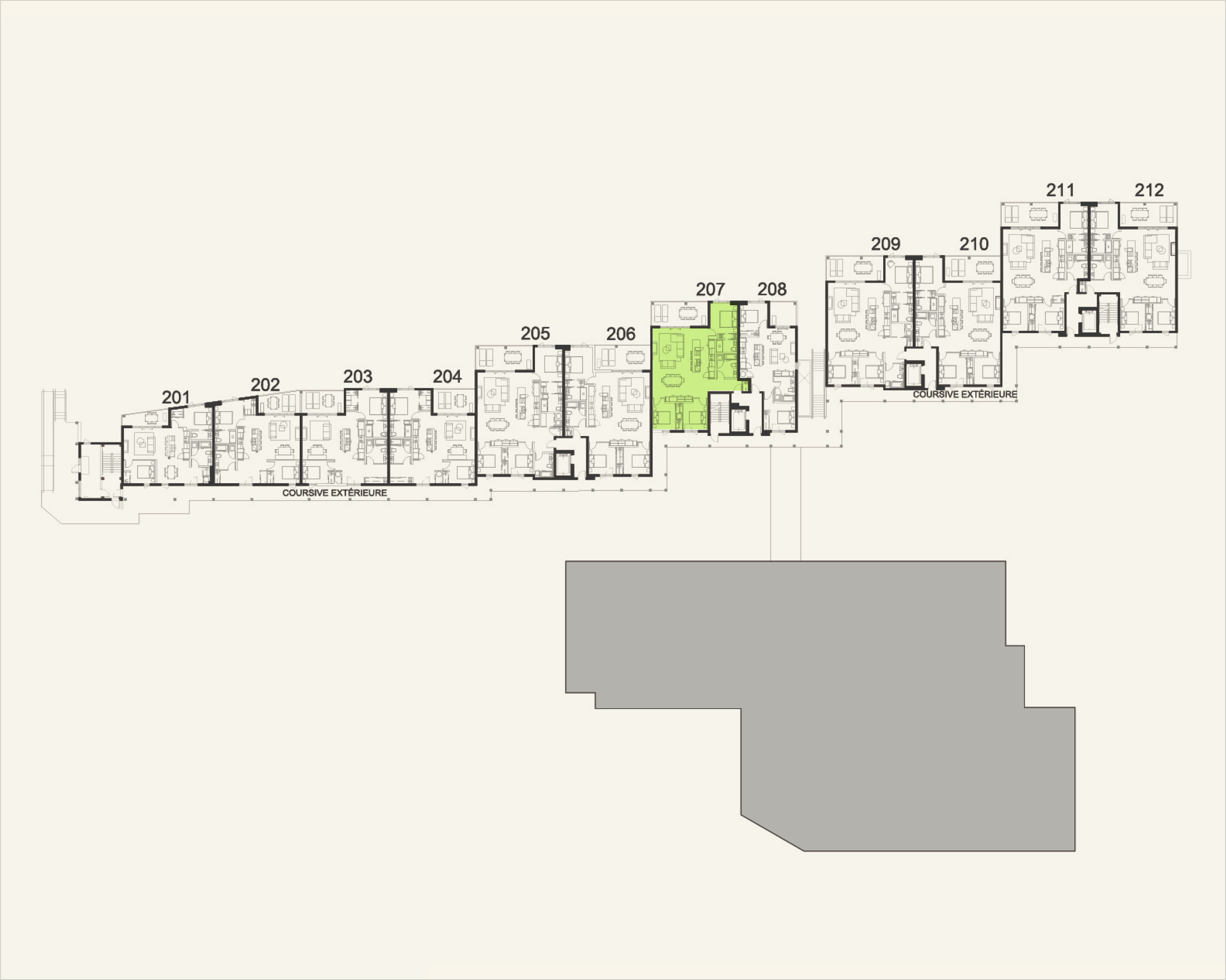 Building floor plan highlighting residence 207 at Rive Lac Tremblant