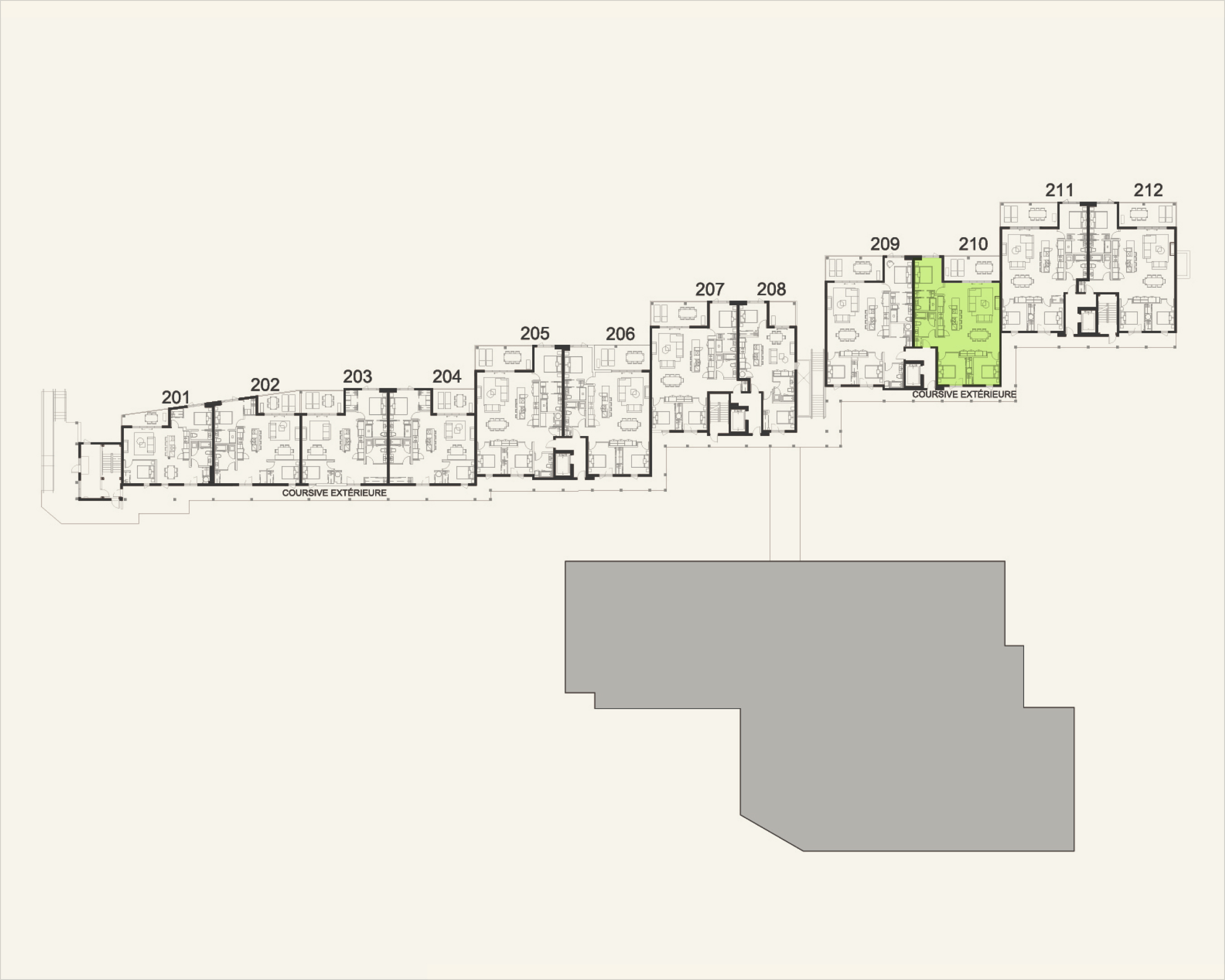 Building floor plan highlighting residence 210 at Rive Lac Tremblant