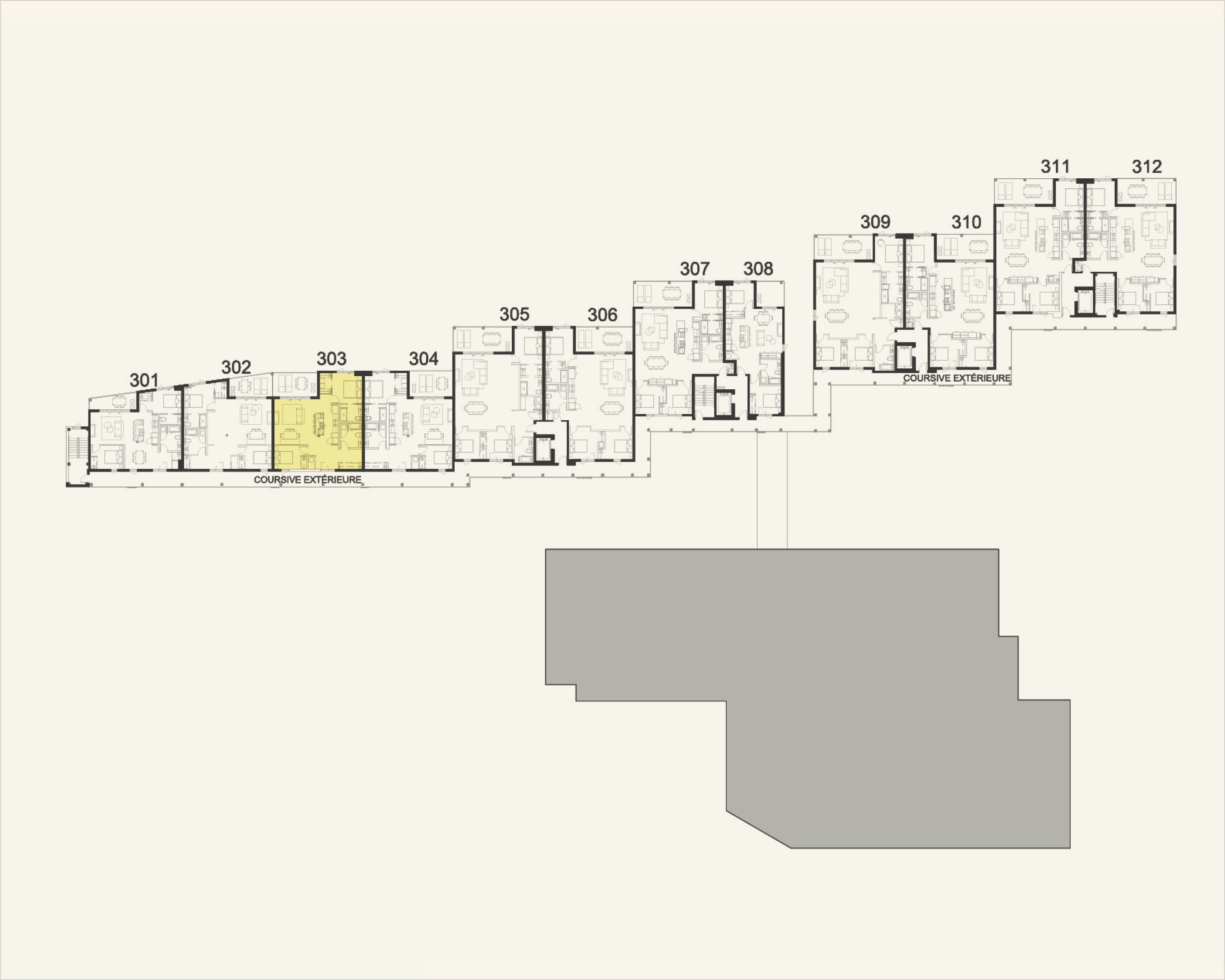Building floor plan highlighting residence 303 at Rive Lac Tremblant