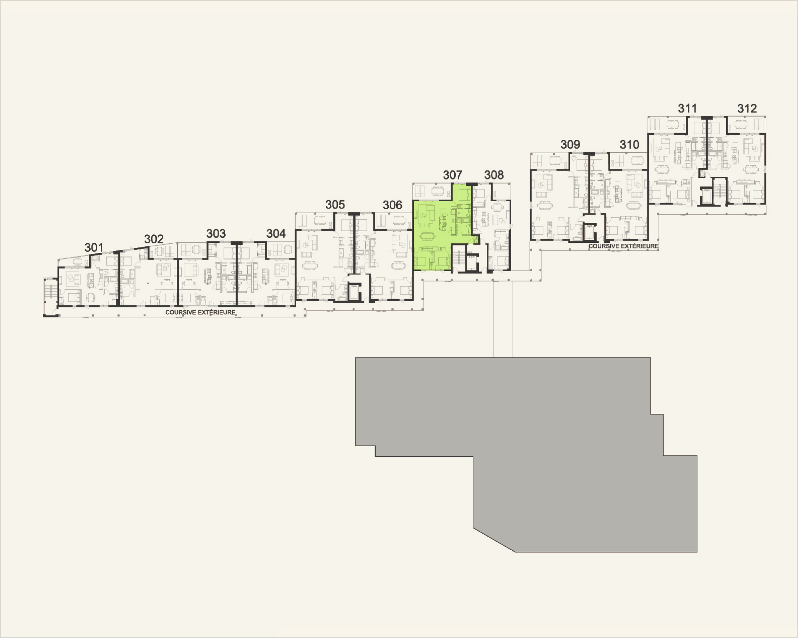 Building floor plan highlighting residence 307 at Rive Lac Tremblant