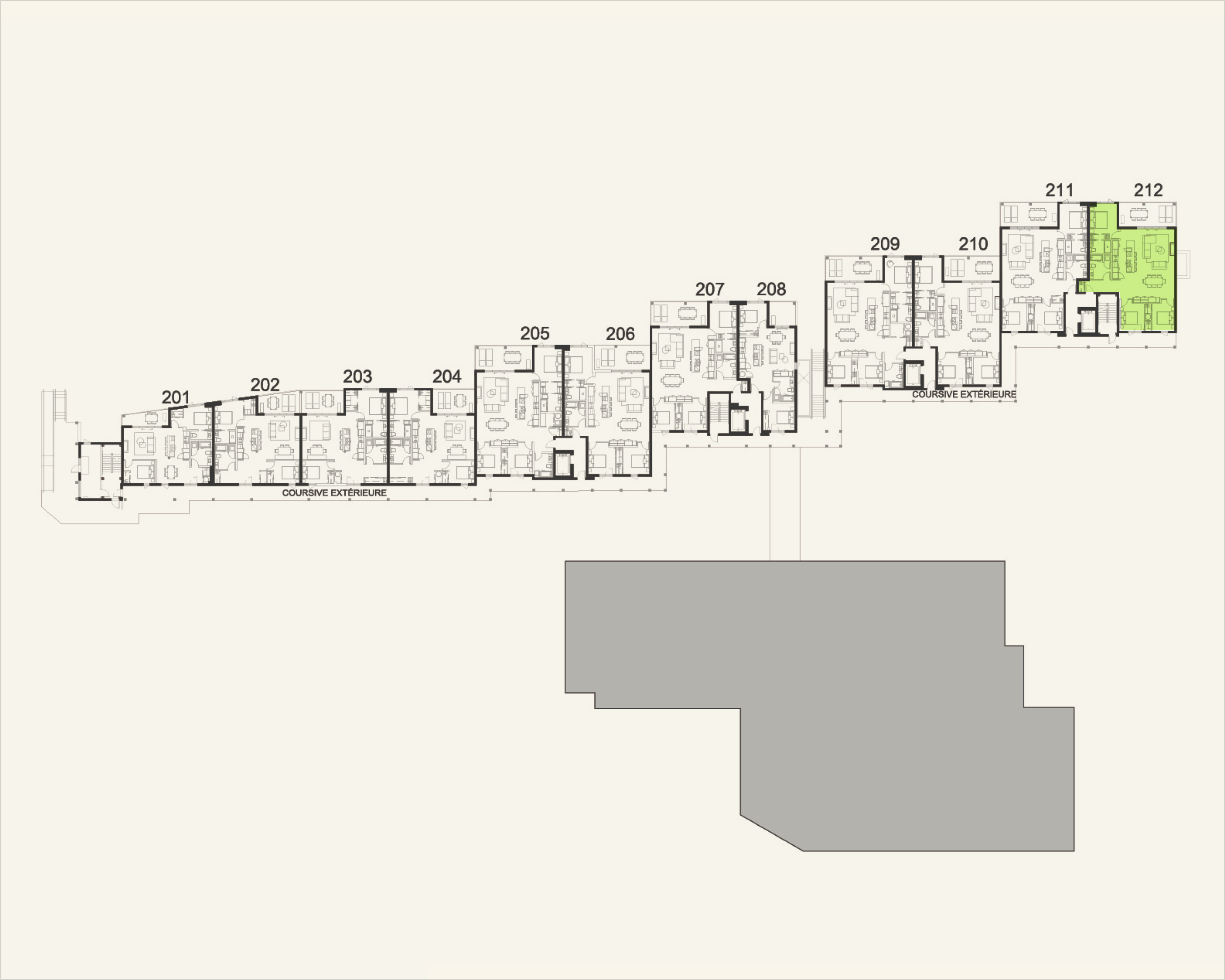 Building floor plan highlighting residence 212 at Rive Lac Tremblant