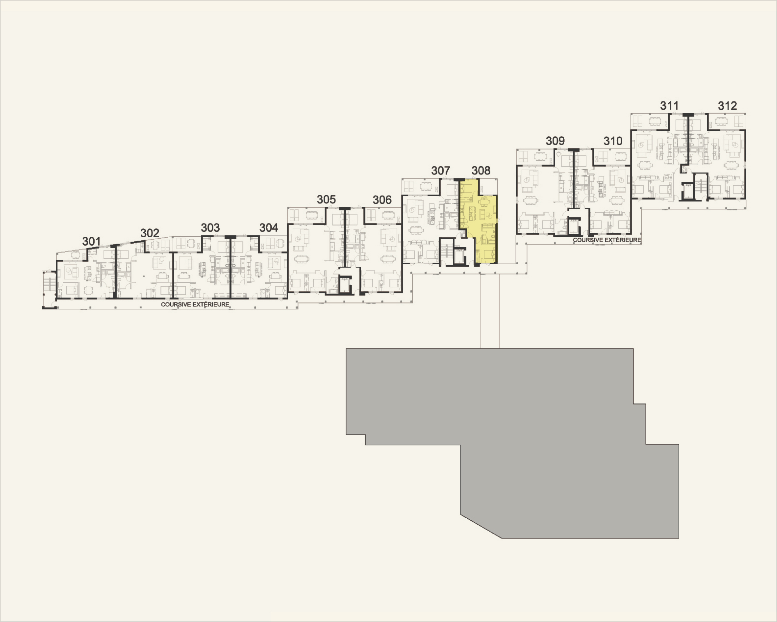 Building floor plan highlighting residence 308 at Rive Lac Tremblant
