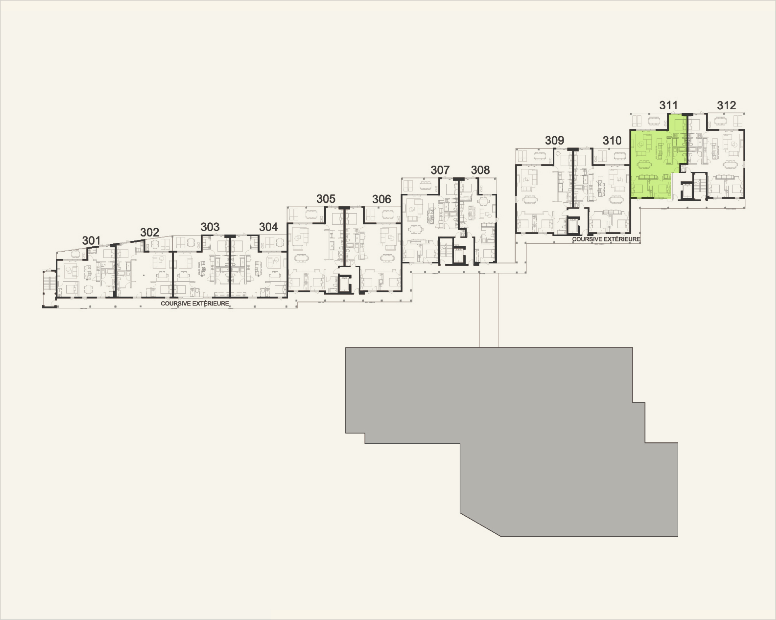 Building floor plan highlighting residence 311 at Rive Lac Tremblant
