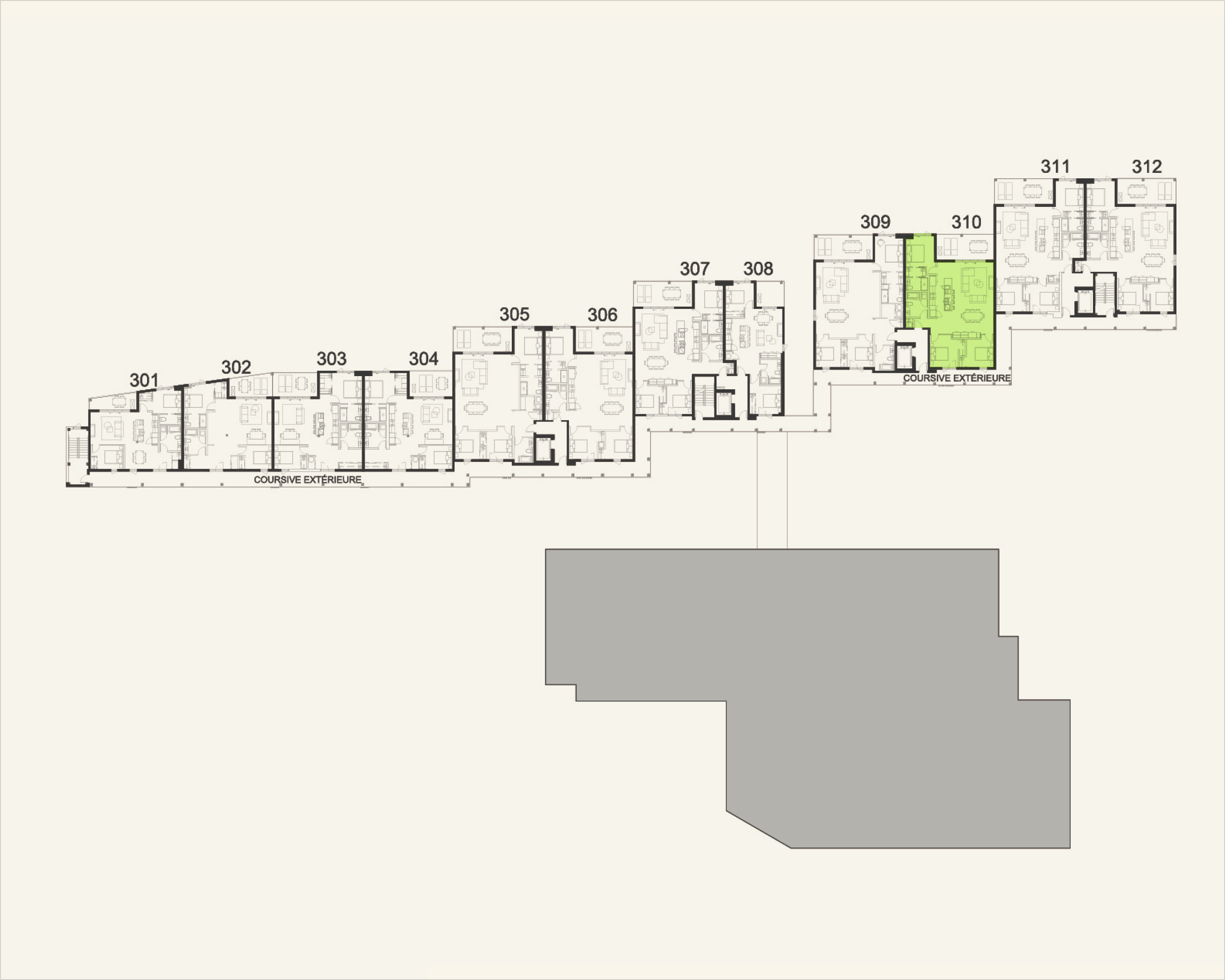 Building floor plan highlighting residence 310 at Rive Lac Tremblant
