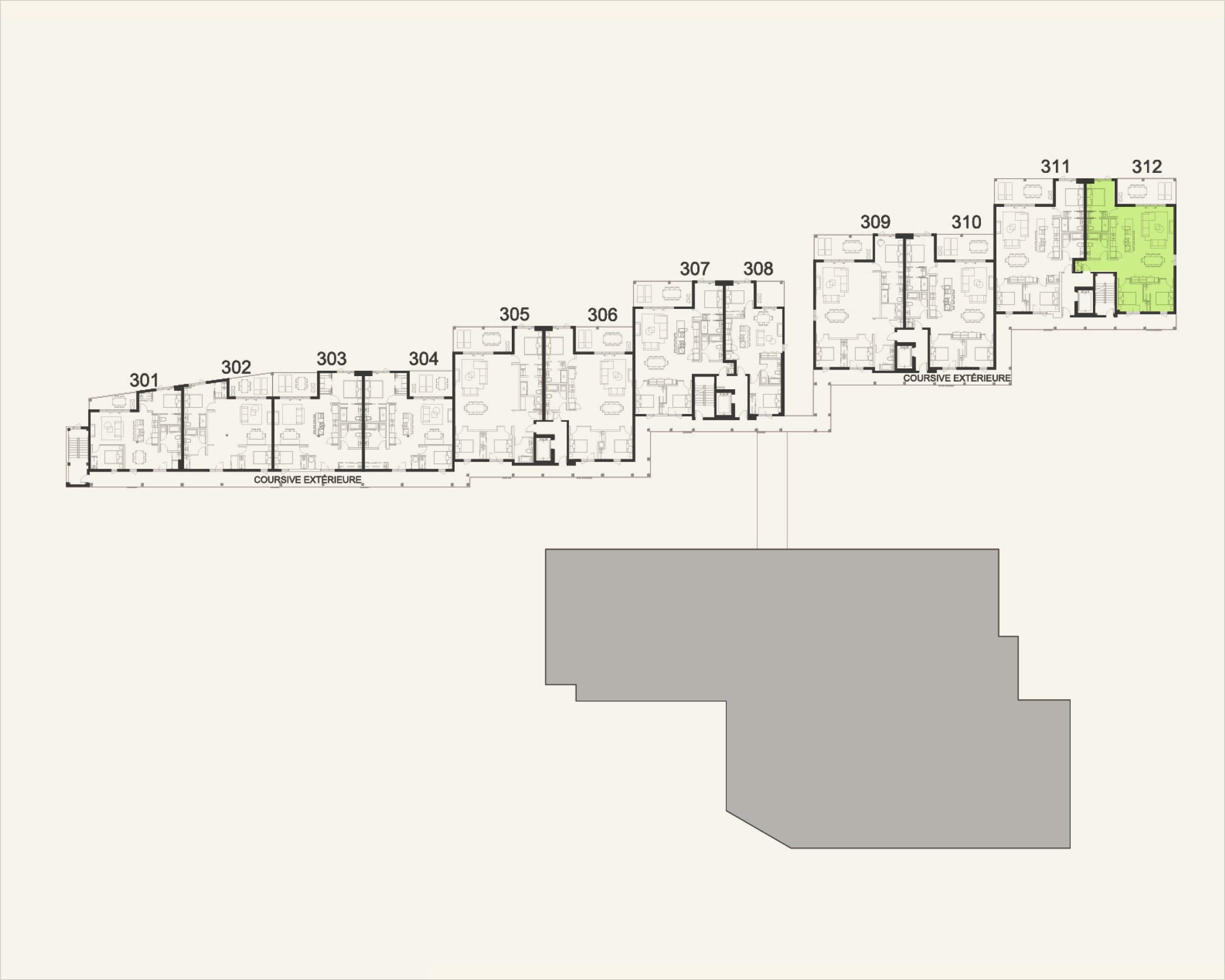 Building floor plan highlighting residence 312 at Rive Lac Tremblant