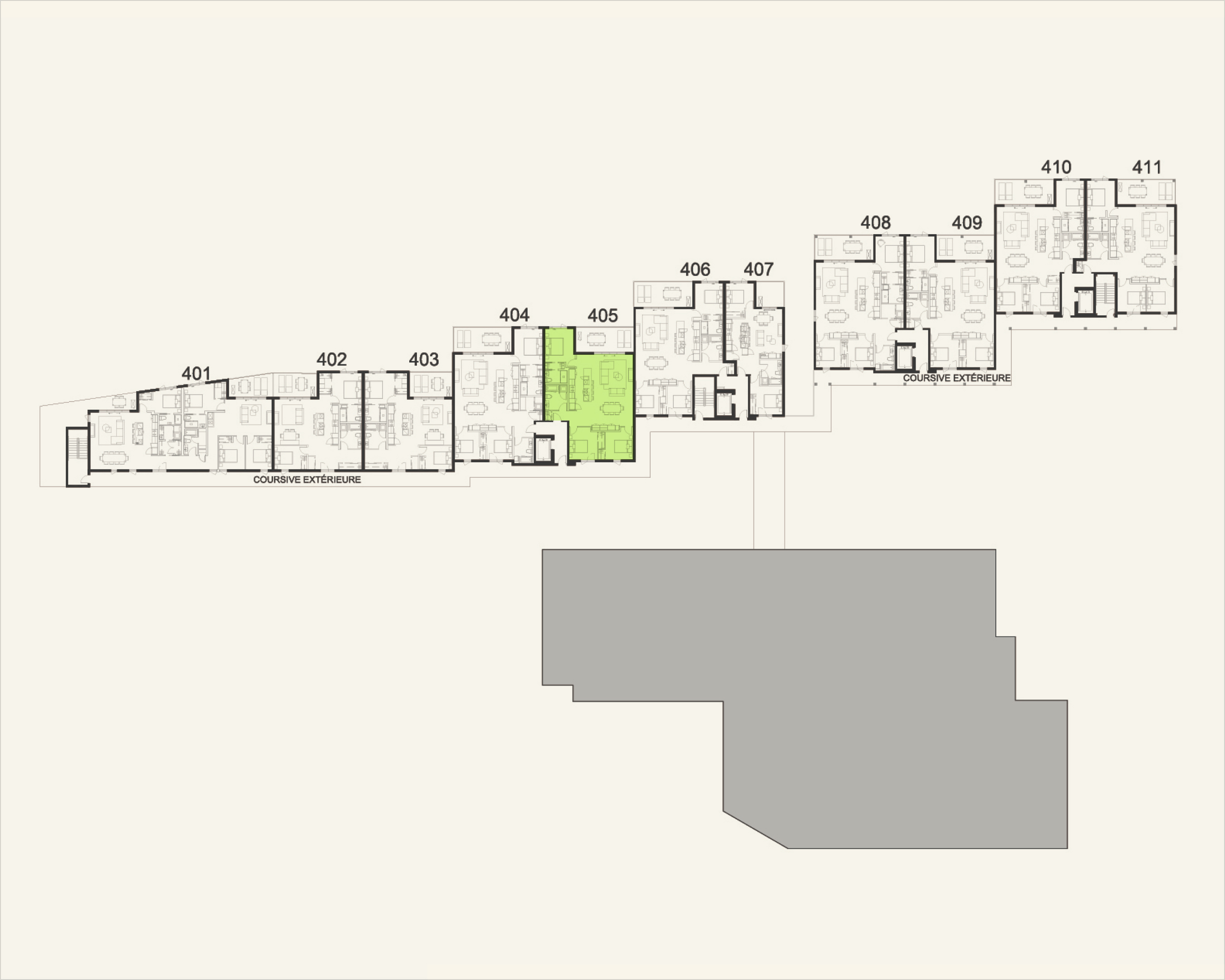 Building floor plan highlighting residence 405 at Rive Lac Tremblant