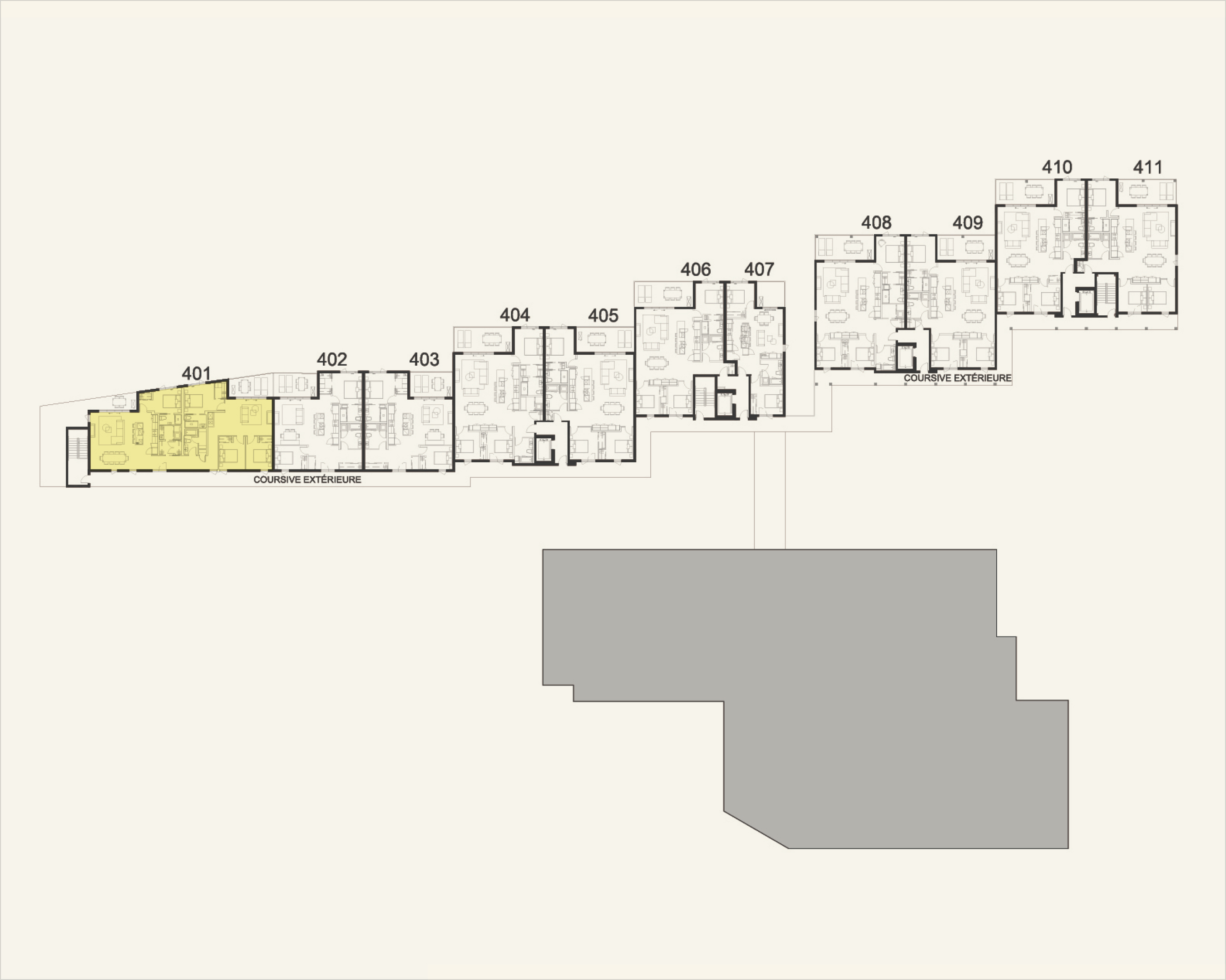 Building floor plan highlighting residence 401 at Rive Lac Tremblant