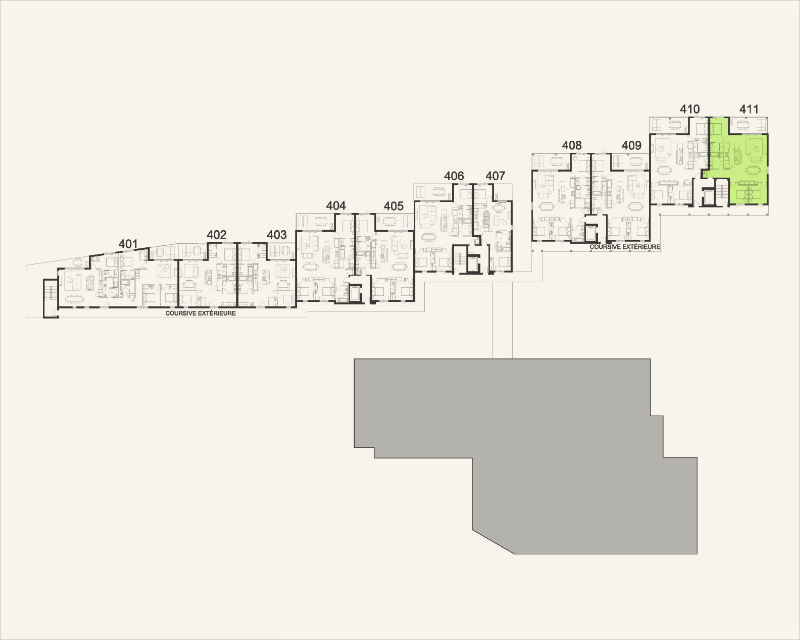 Building floor plan highlighting residence 411 at Rive Lac Tremblant