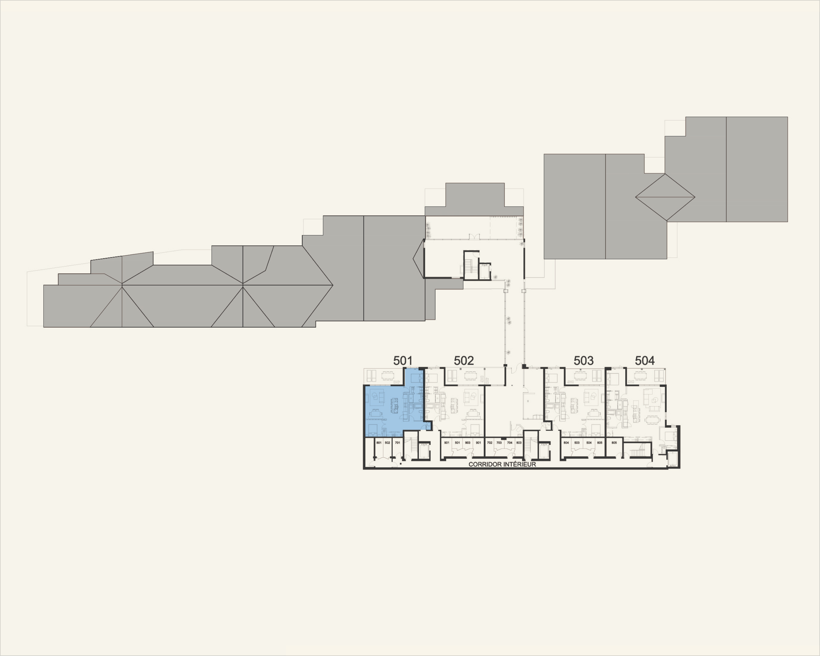 Building floor plan highlighting residence 501 at Rive Lac Tremblant