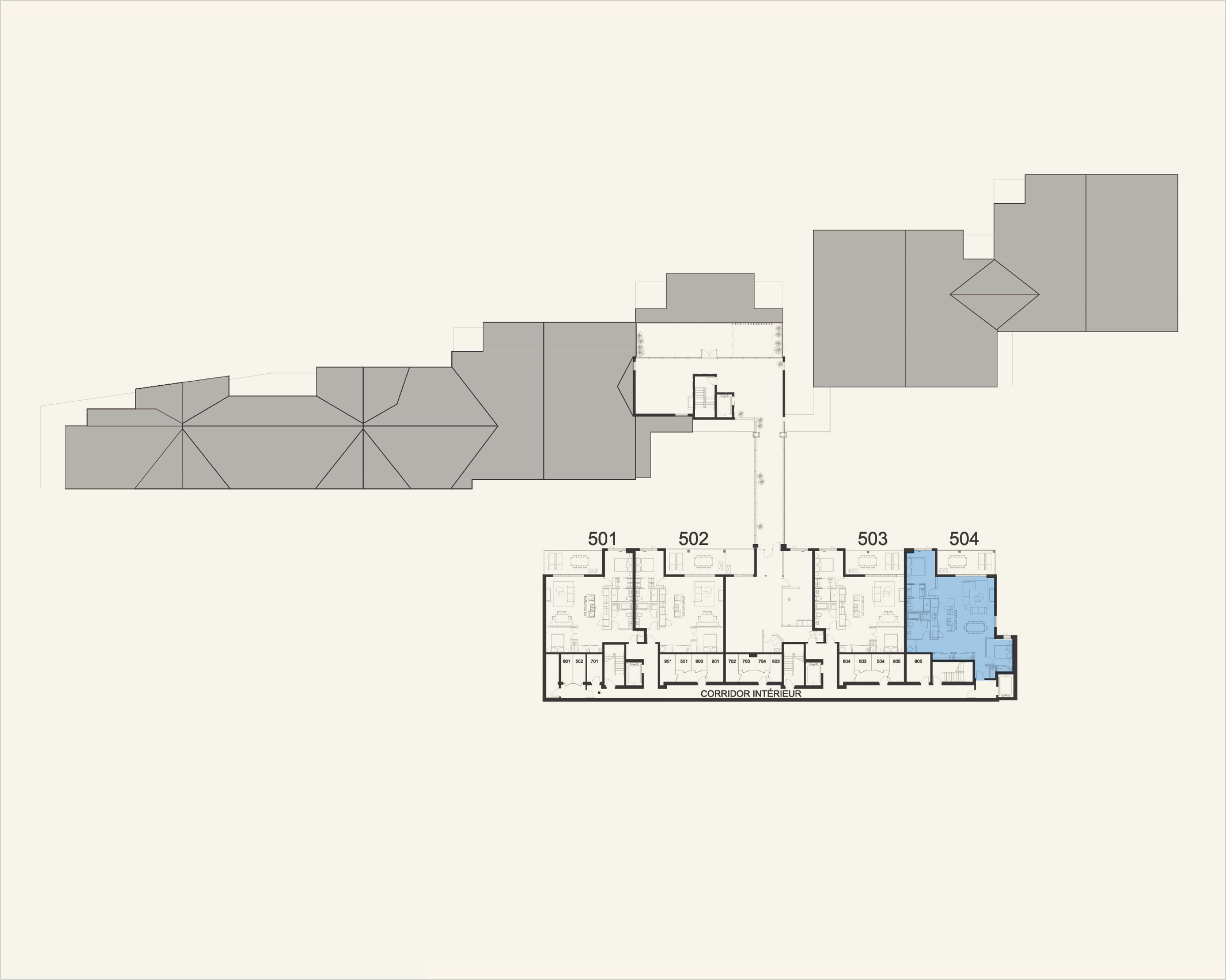 Building floor plan highlighting residence 504 at Rive Lac Tremblant