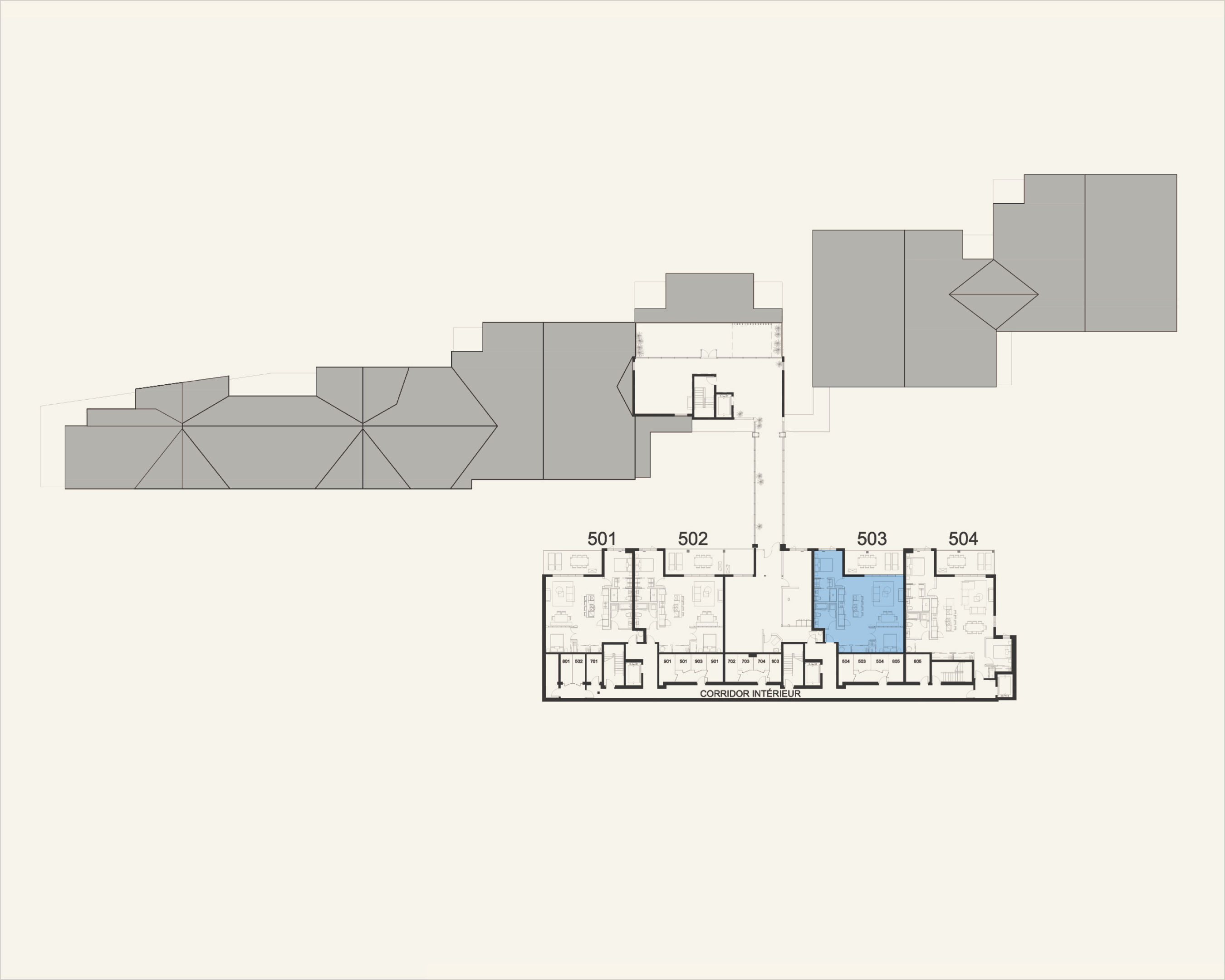 Building floor plan highlighting residence 503 at Rive Lac Tremblant