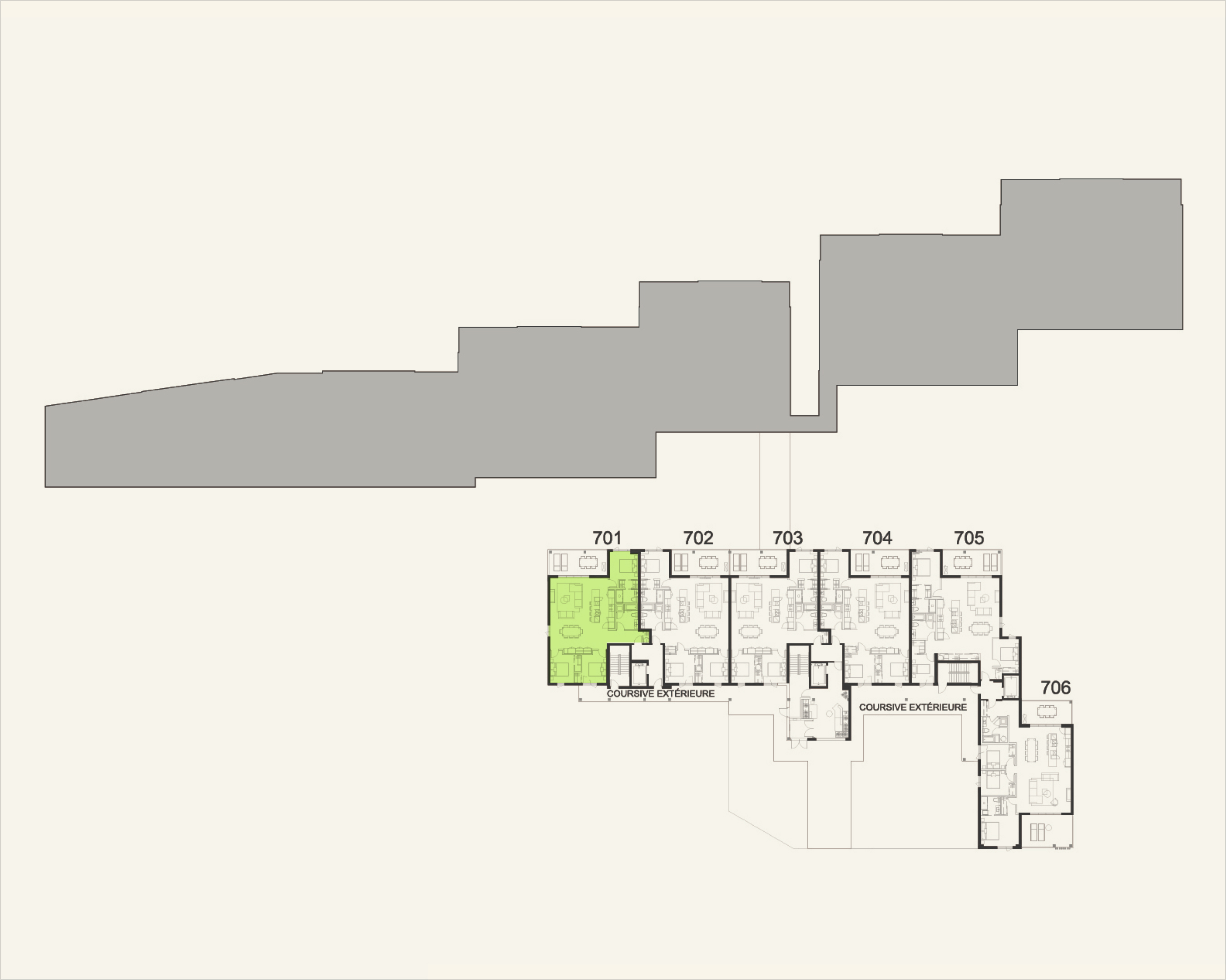 Building floor plan highlighting residence 701 at Rive Lac Tremblant