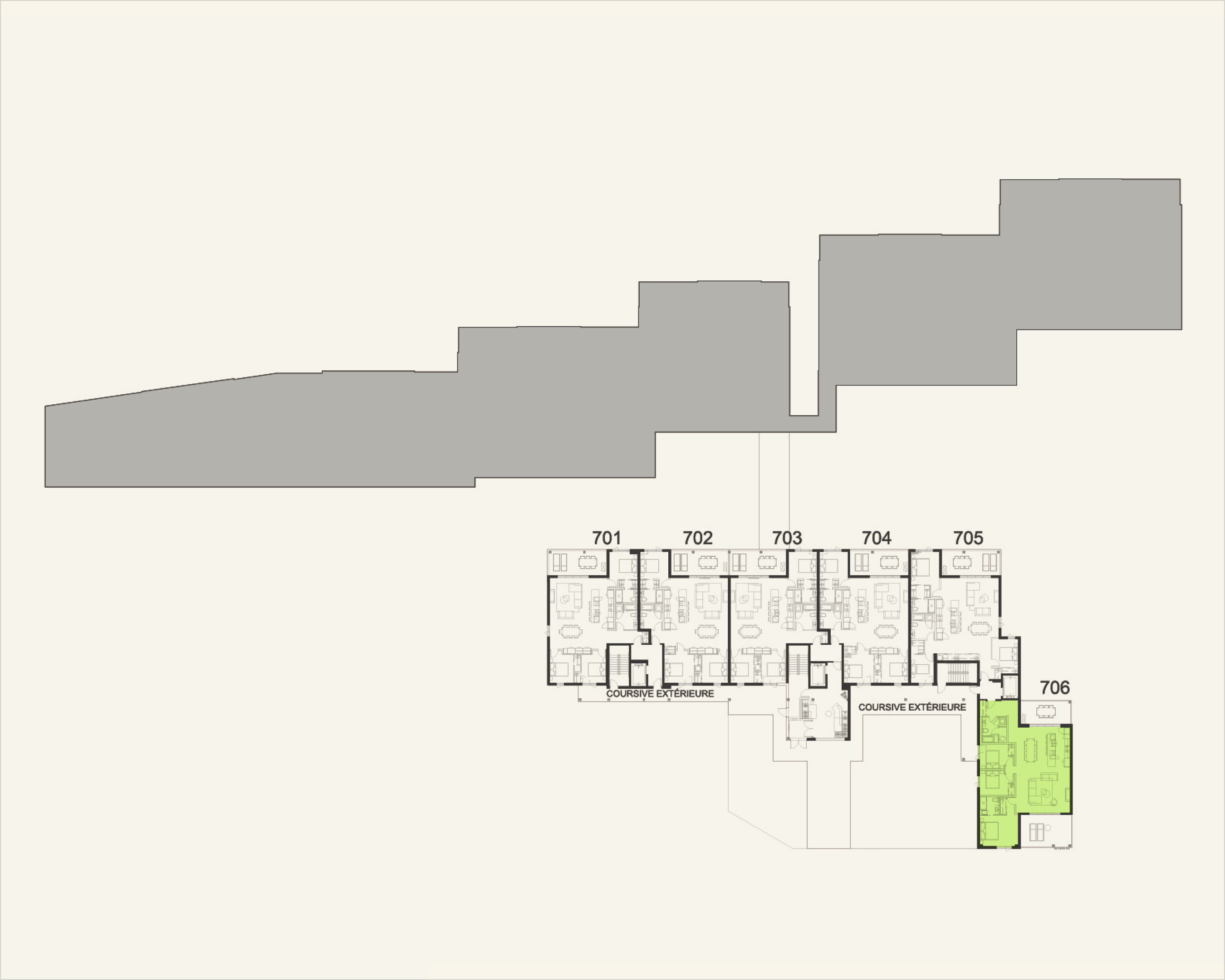 Building floor plan highlighting residence 706 at Rive Lac Tremblant