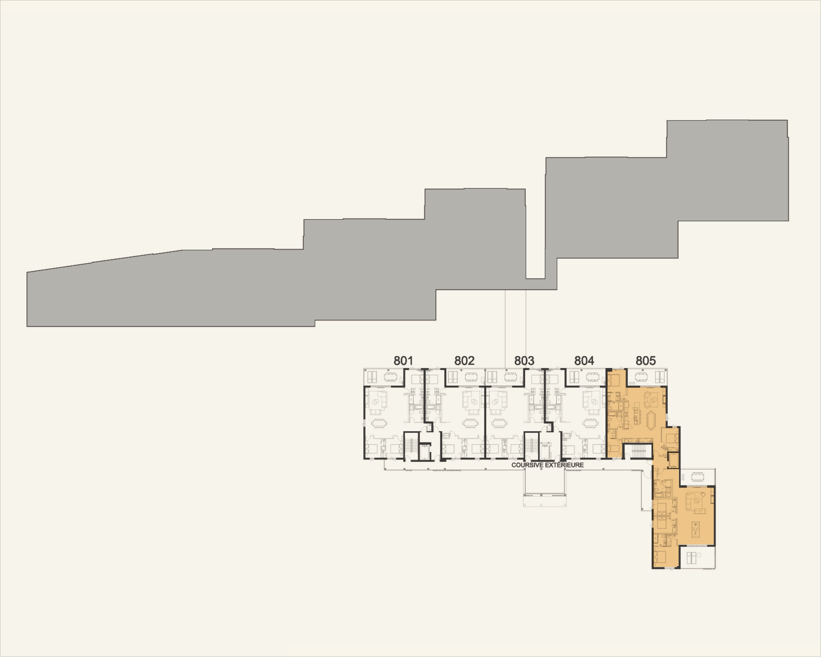 Building floor plan highlighting residence 805 at Rive Lac Tremblant