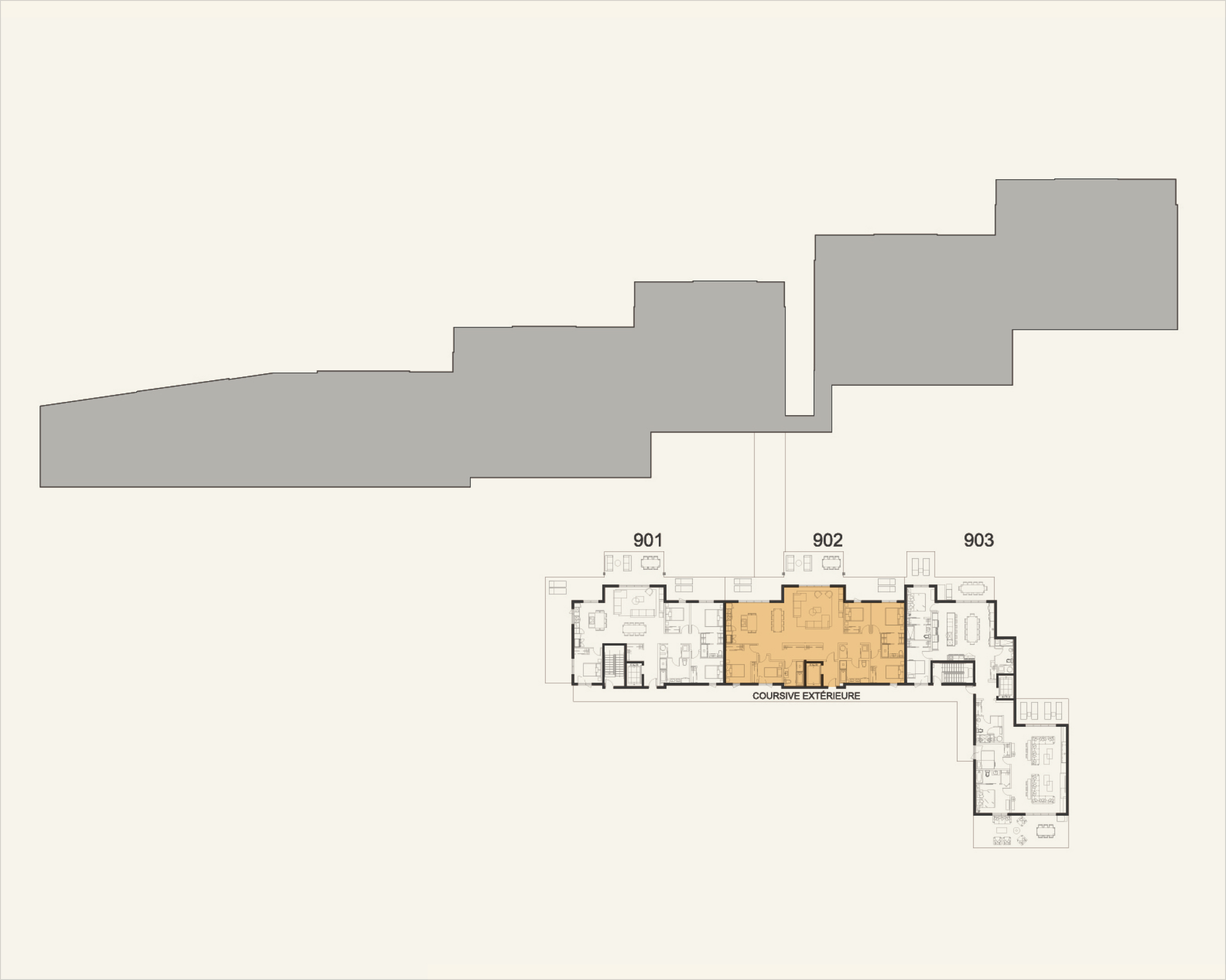 Building floor plan highlighting residence 902 at Rive Lac Tremblant