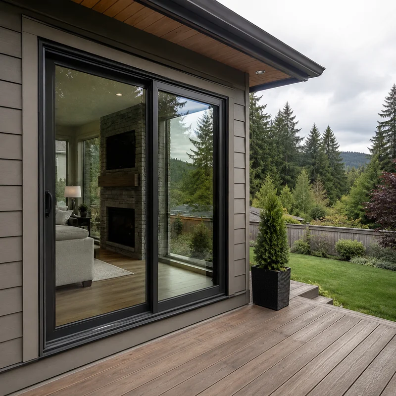 Large patio sliding doors opening to a backyard view