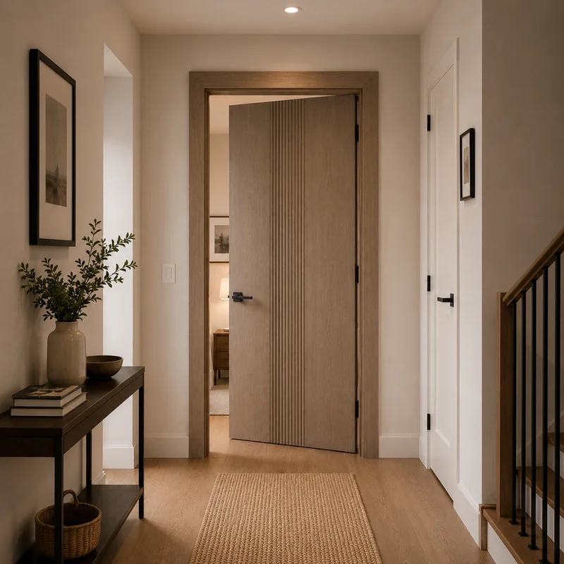 Interior wood door installed in a bright hallway