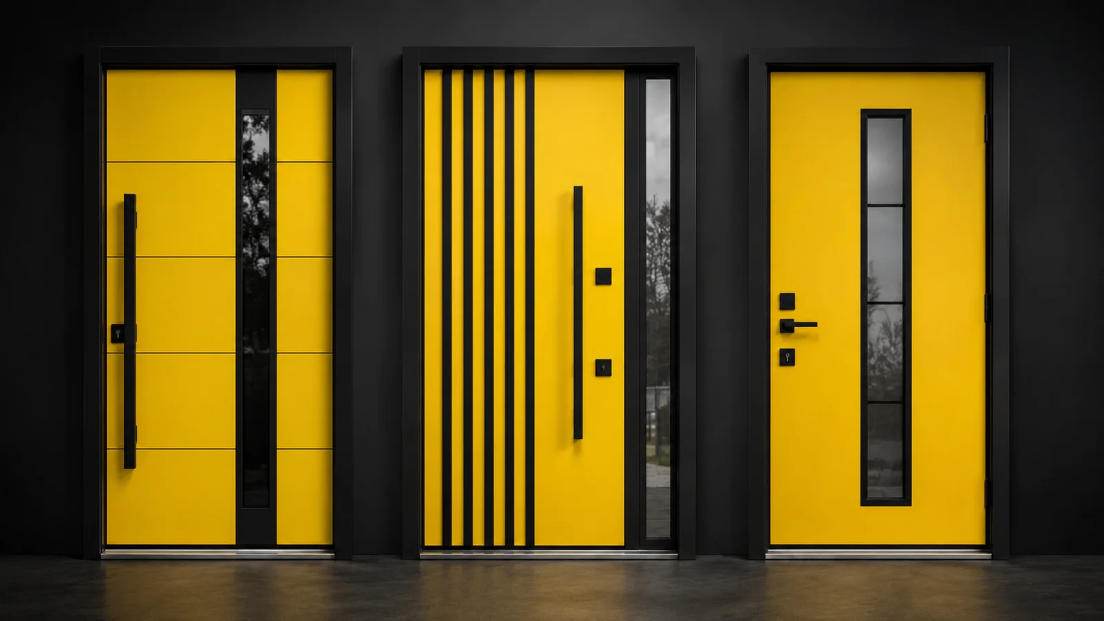 Yellow modern entry doors used as a catalogue section background