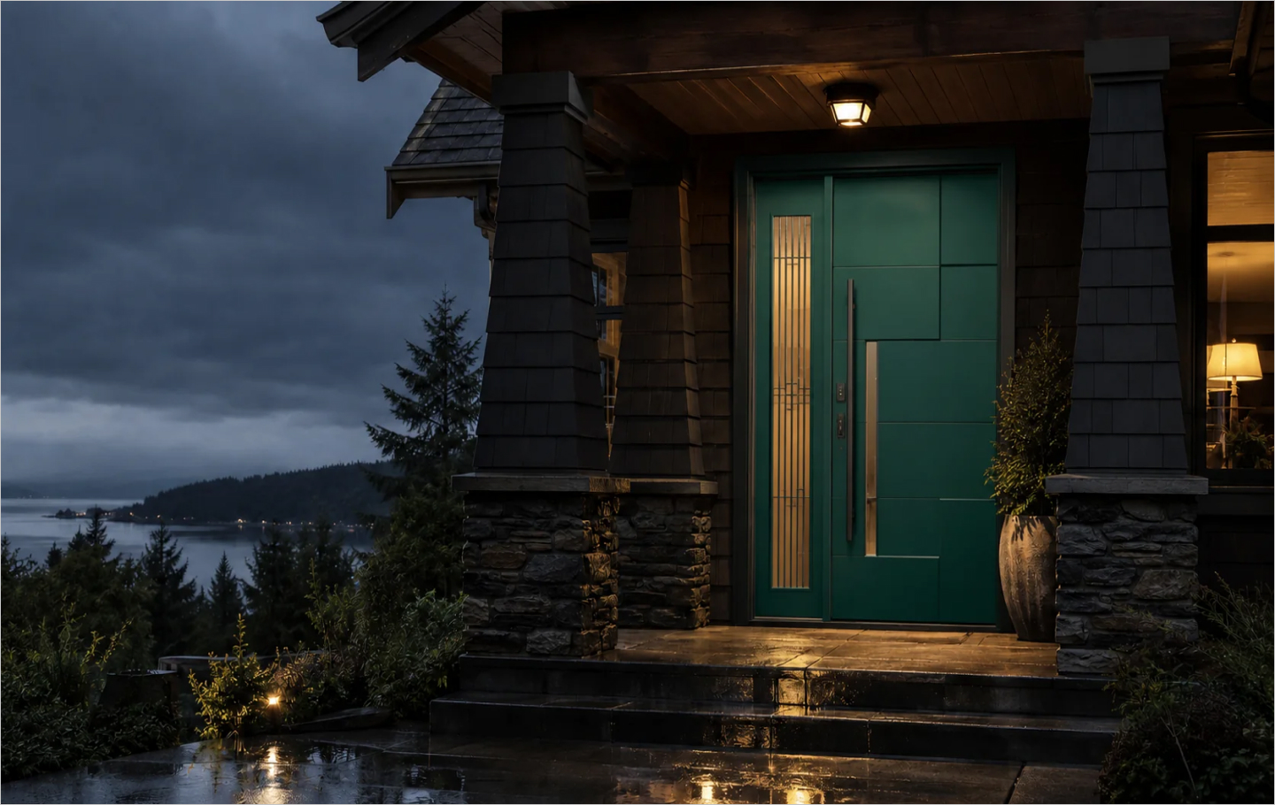 Modern teal entry door on a rainy residential exterior at night
