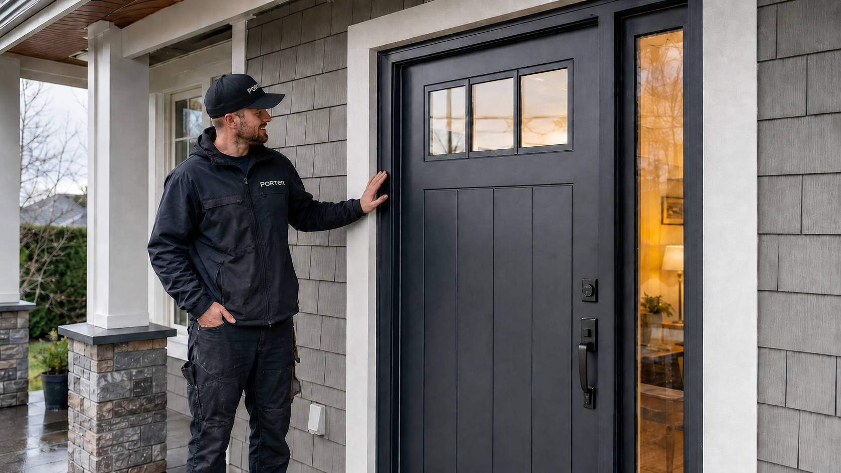 Porten installer standing beside a residential entry door