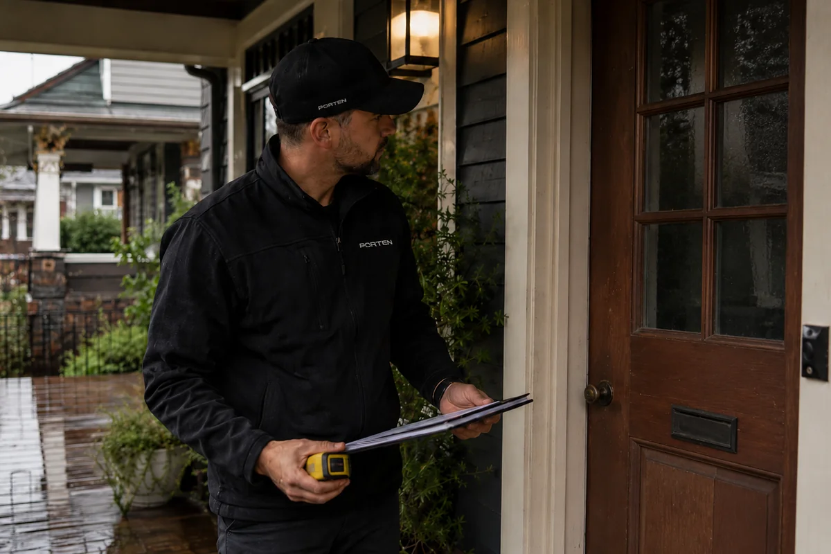 Porten installer reviewing measurements near a residential entry door