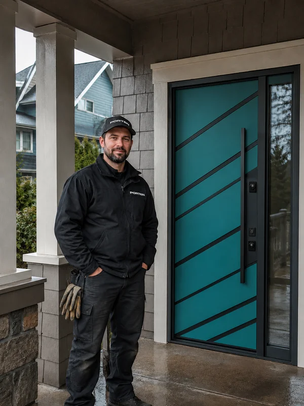 Porten founder and lead installer standing beside a modern teal entry door