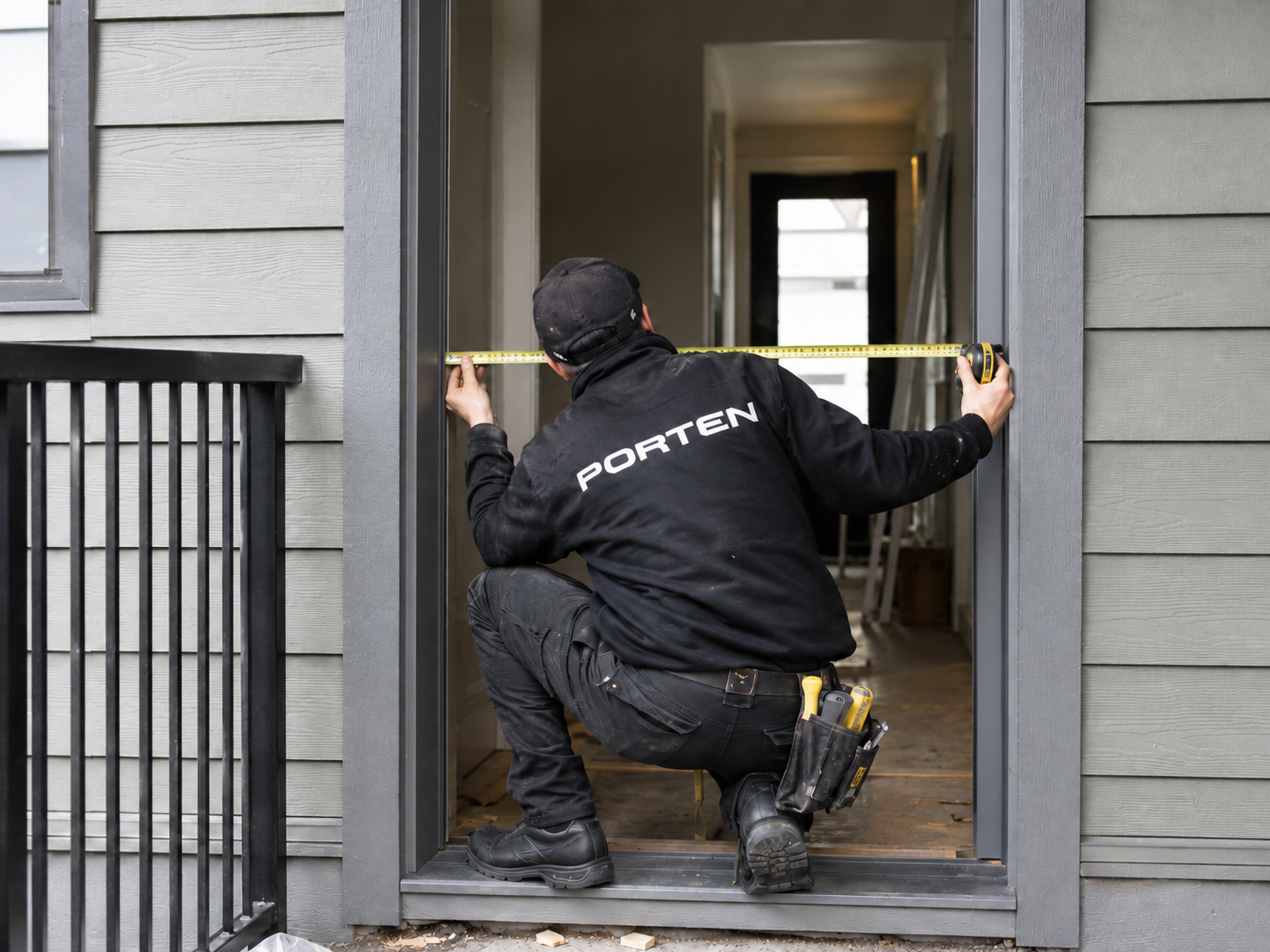 Porten installer measuring a doorway during a residential door replacement.