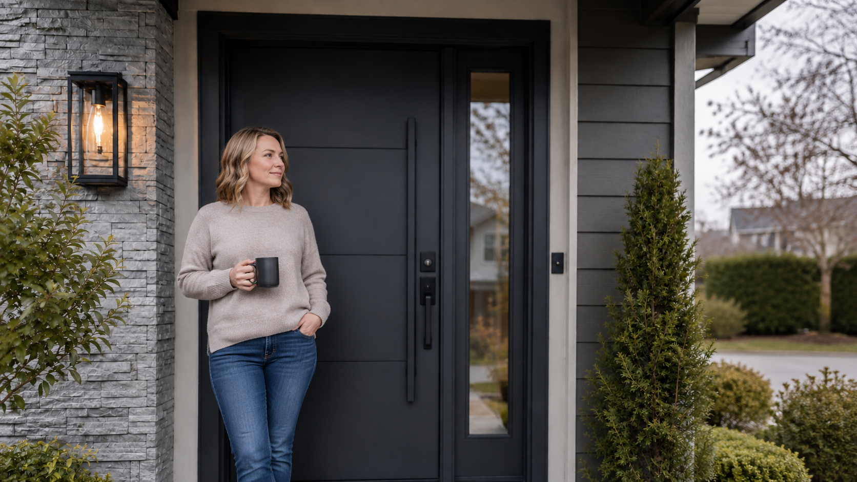 Homeowner standing beside a black entry door after door replacement.