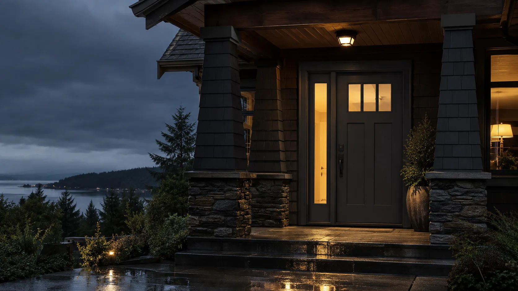 Modern front door at dusk used as the background for article hero pages.