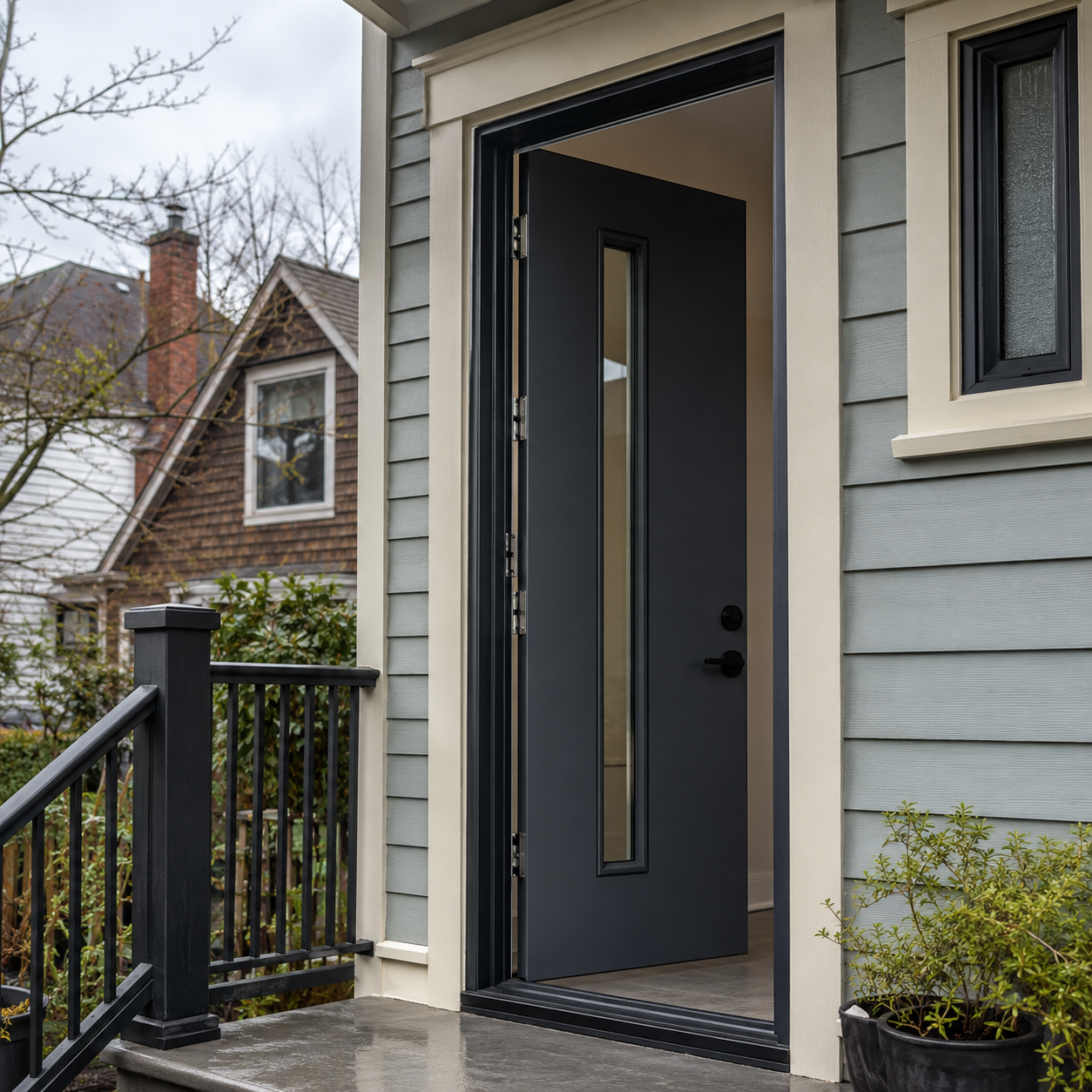 Steel entry door installed on a residential home for Porten service card.