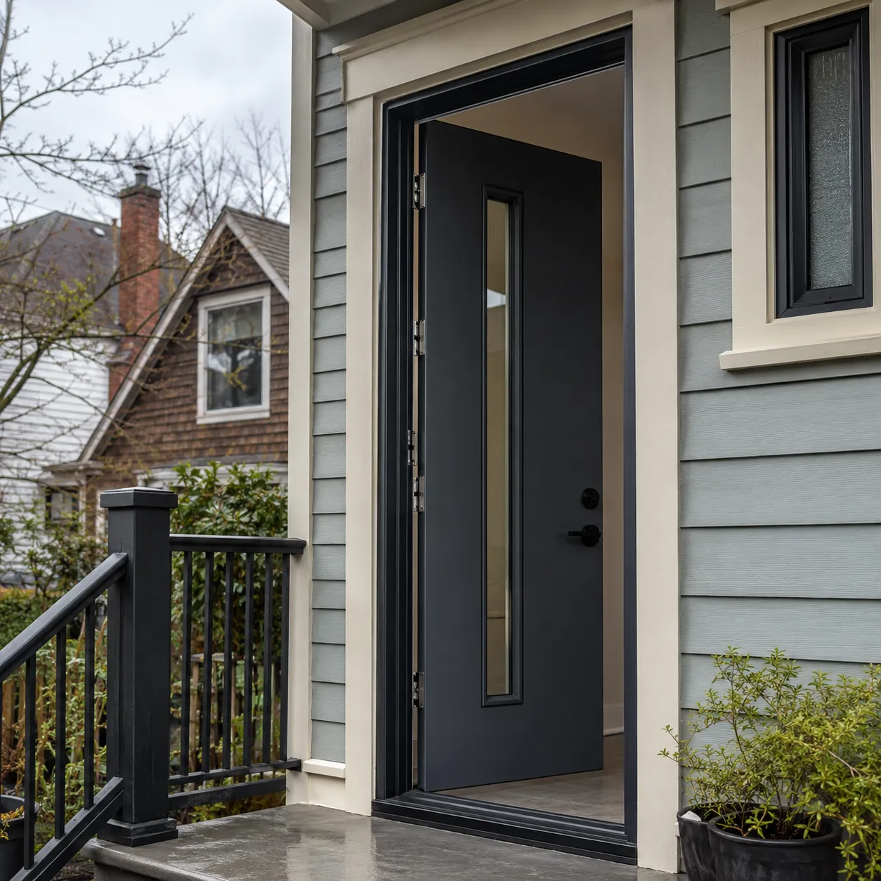 Steel entry door installed on a residential home for Porten service card.