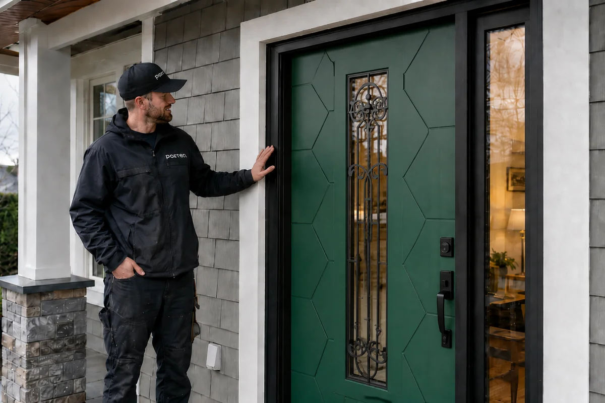 Porten installer standing beside a green front door for door replacement resources blog hero.