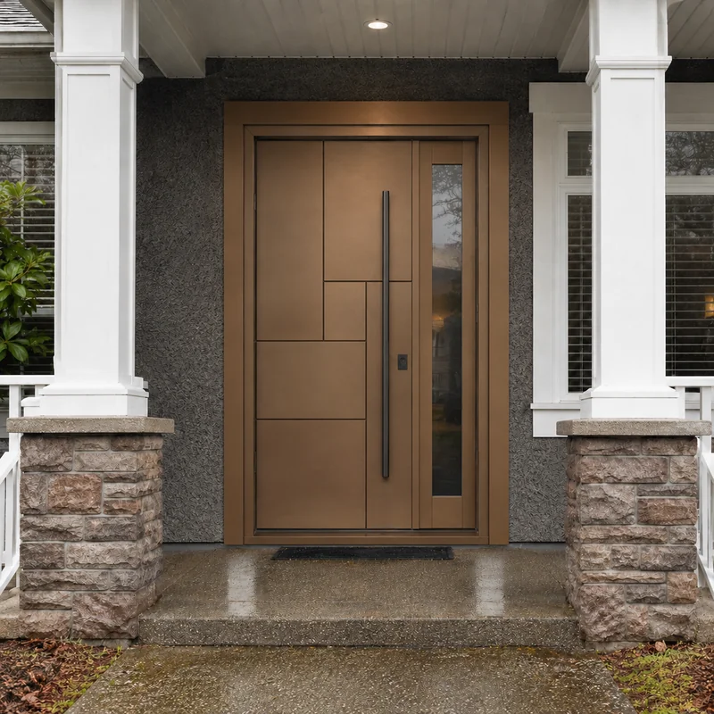 Steel entry door replacement example on a residential exterior.