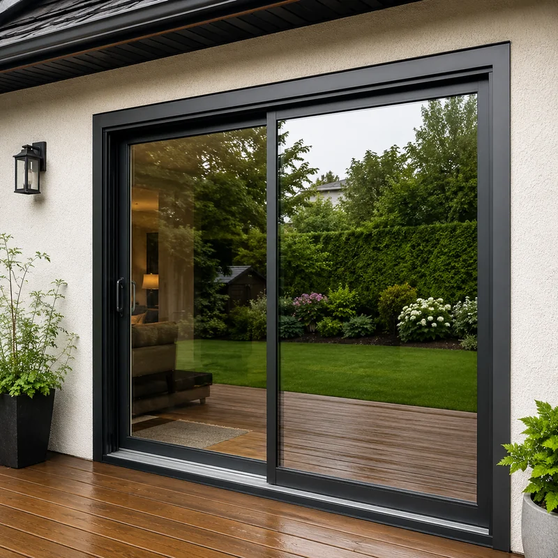 Patio sliding door replacement example opening to a backyard.