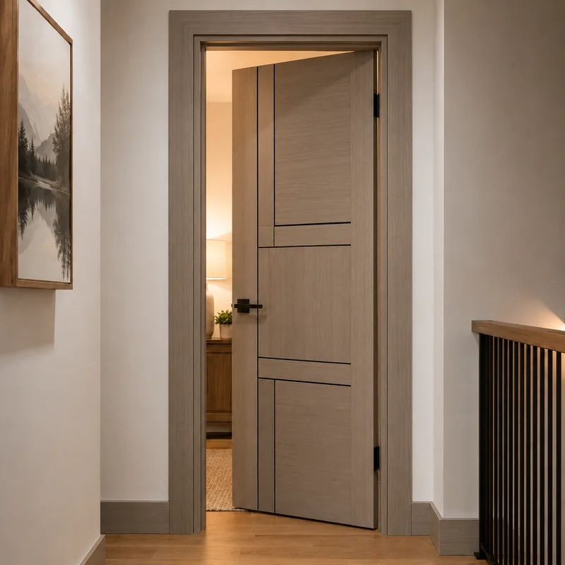 Interior door replacement example in a bright residential hallway.