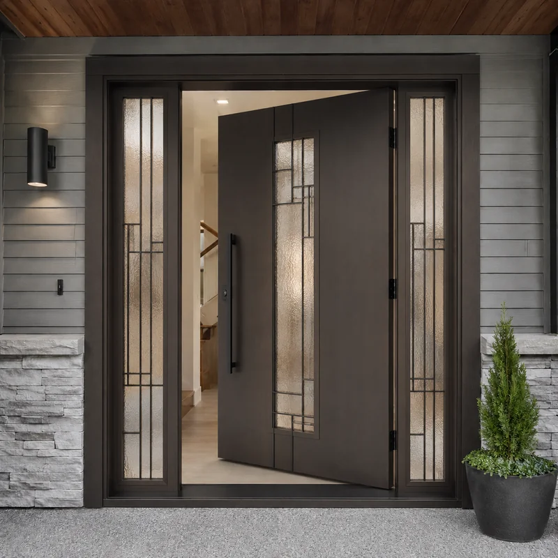 Yellow modern entry doors used as a catalogue section background