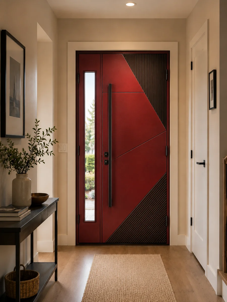 Custom red steel entry door with geometric pattern viewed from hallway.