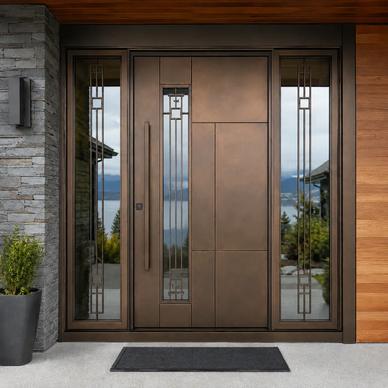 Bronze steel entry door with double sidelights and lake mountain view.