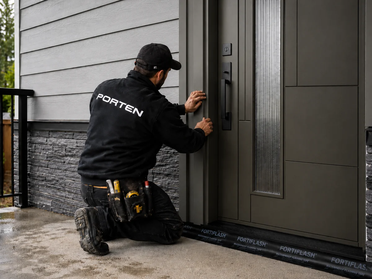 Porten installer fitting a steel entry door detail.