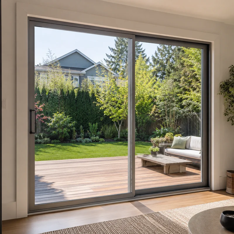 Patio and sliding doors opening to a backyard patio.