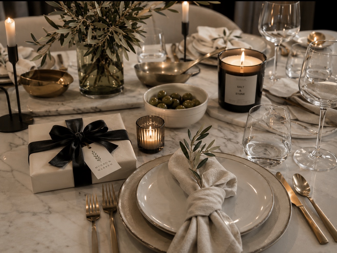 Elegant hostess gift displayed on a beautifully set dining table